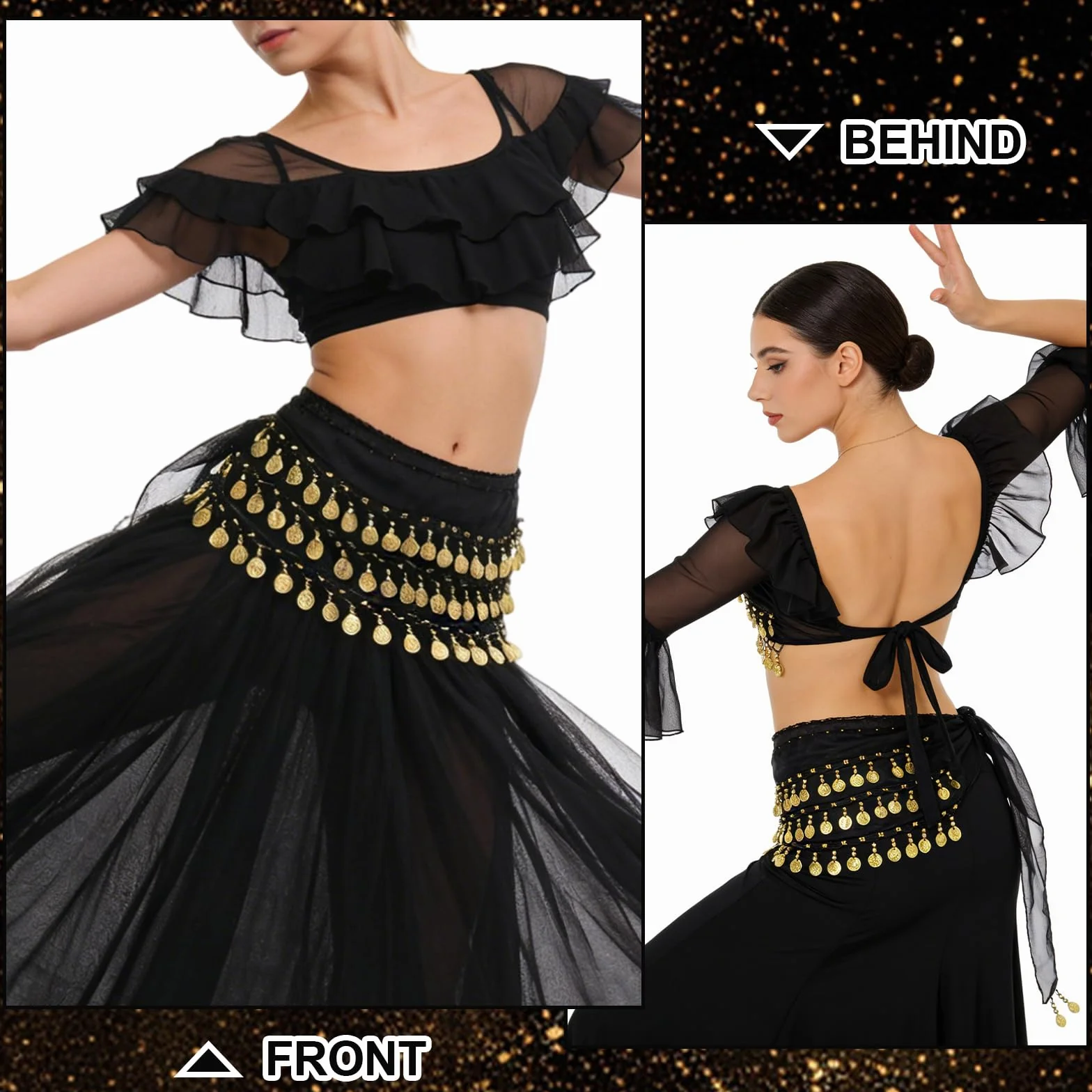 Cinturón Danza del Vientre Negro 2 Piezas, Falda de Gasa 145 cm, Traje de Actuación para Mujeres
