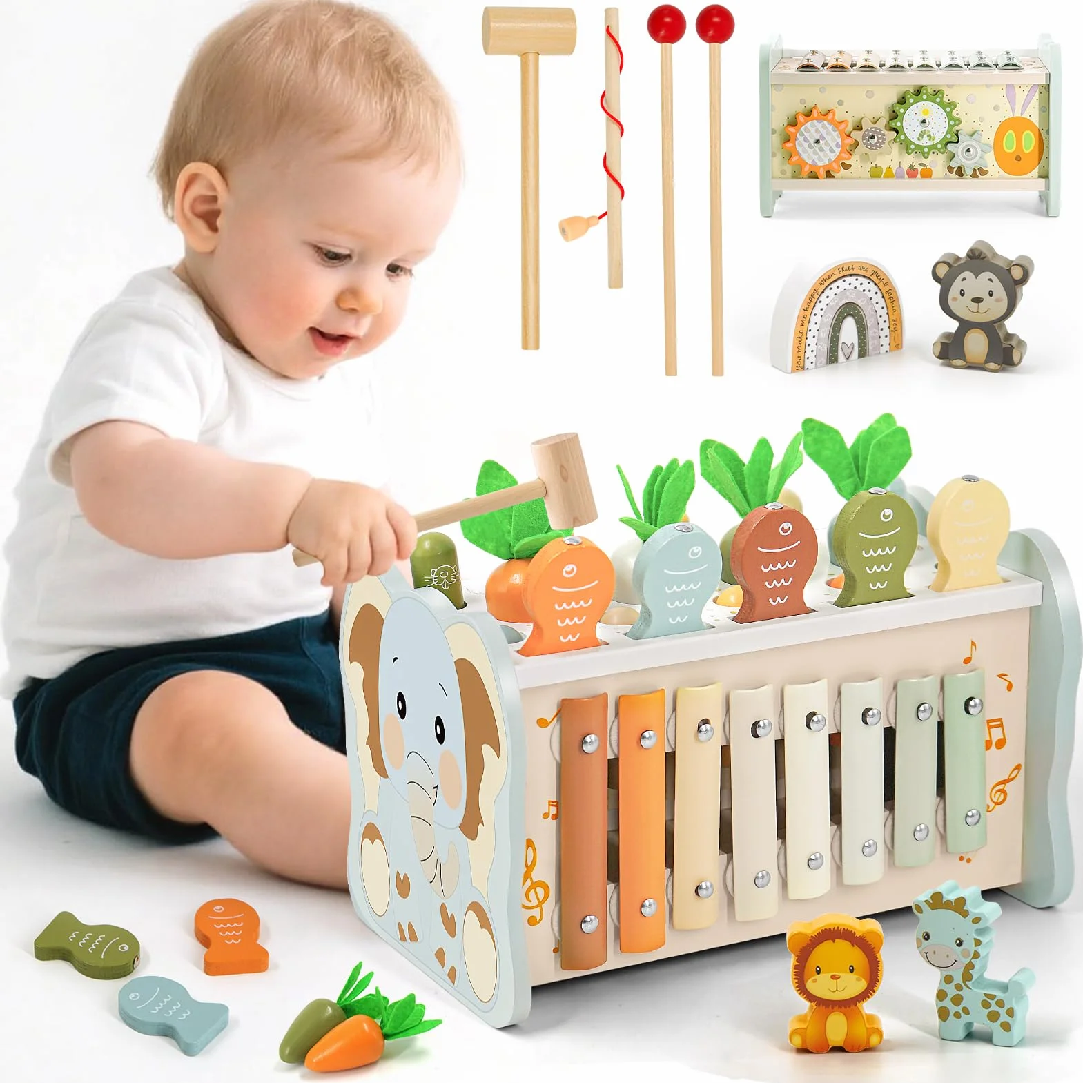 Juguetes Montessori 1 Años, 6 en 1 Juguetes Niños 1 Año, Juguetes Madera con Martillo, Xilofono Bebe, Juego de Pesca, Juegos Sensoriales Educativos Regalo Niño Niña 1 2 3 Años Cumpleaños Navidad