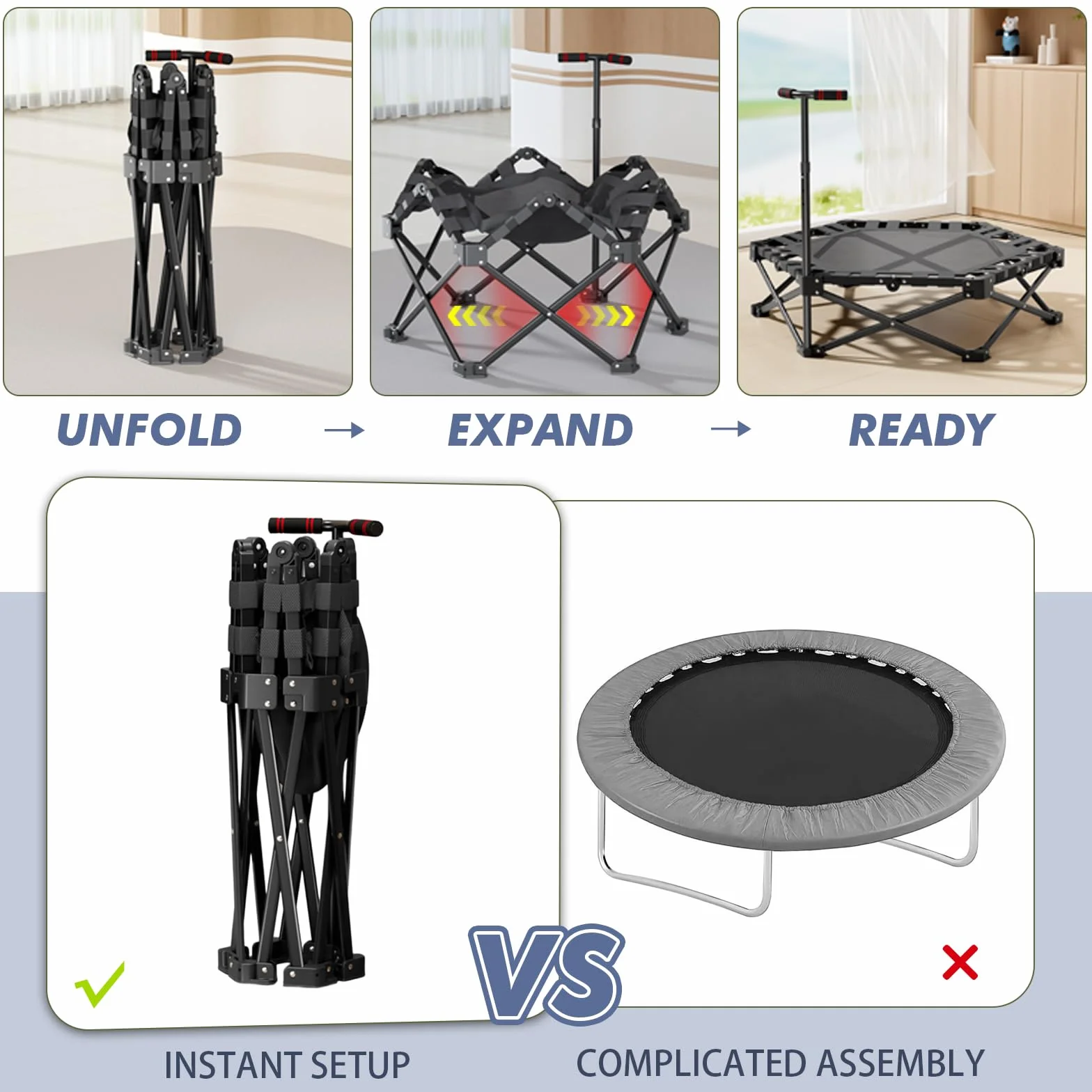 Trampolín de fitness 106 cm para interiores adultos, altura ajustable, plegable, mini reboteador