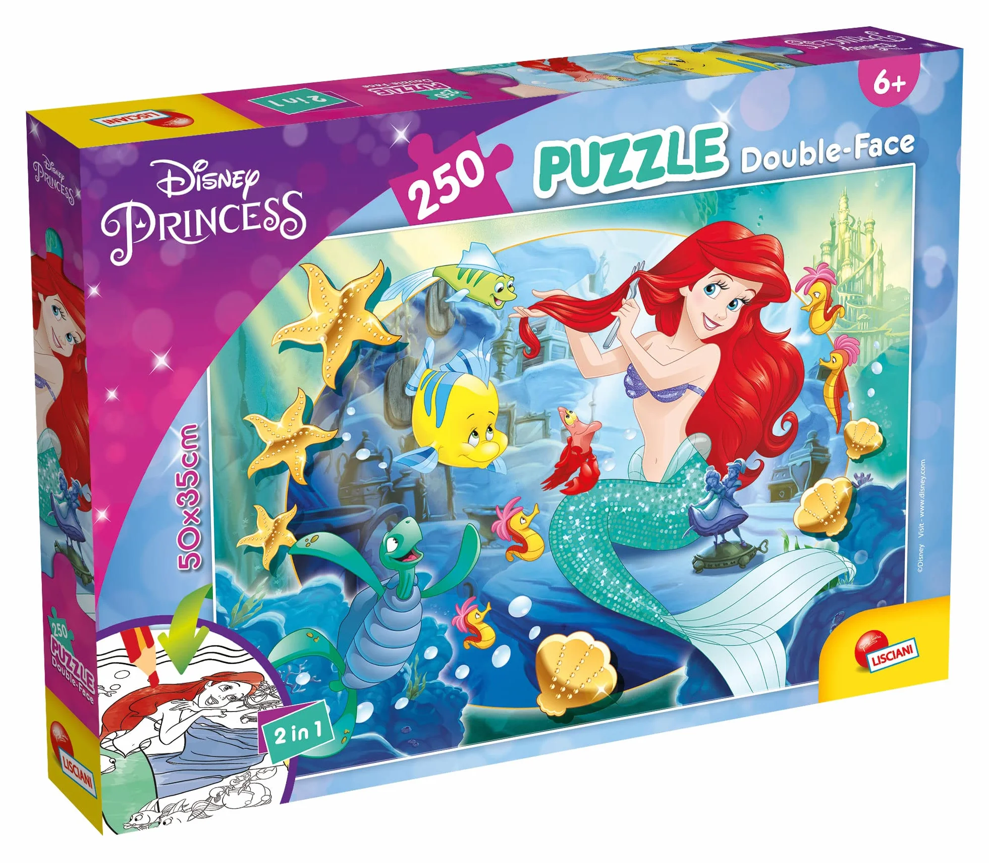 Lisciani - DISNEY La Sirenita - Ariel - Puzzle para niños a partir de 7 años, 250 piezas, 2 en 1 Doble Cara Anverso / Reverso con reverso para colorear - Desarrollo de la creatividad y la imaginación