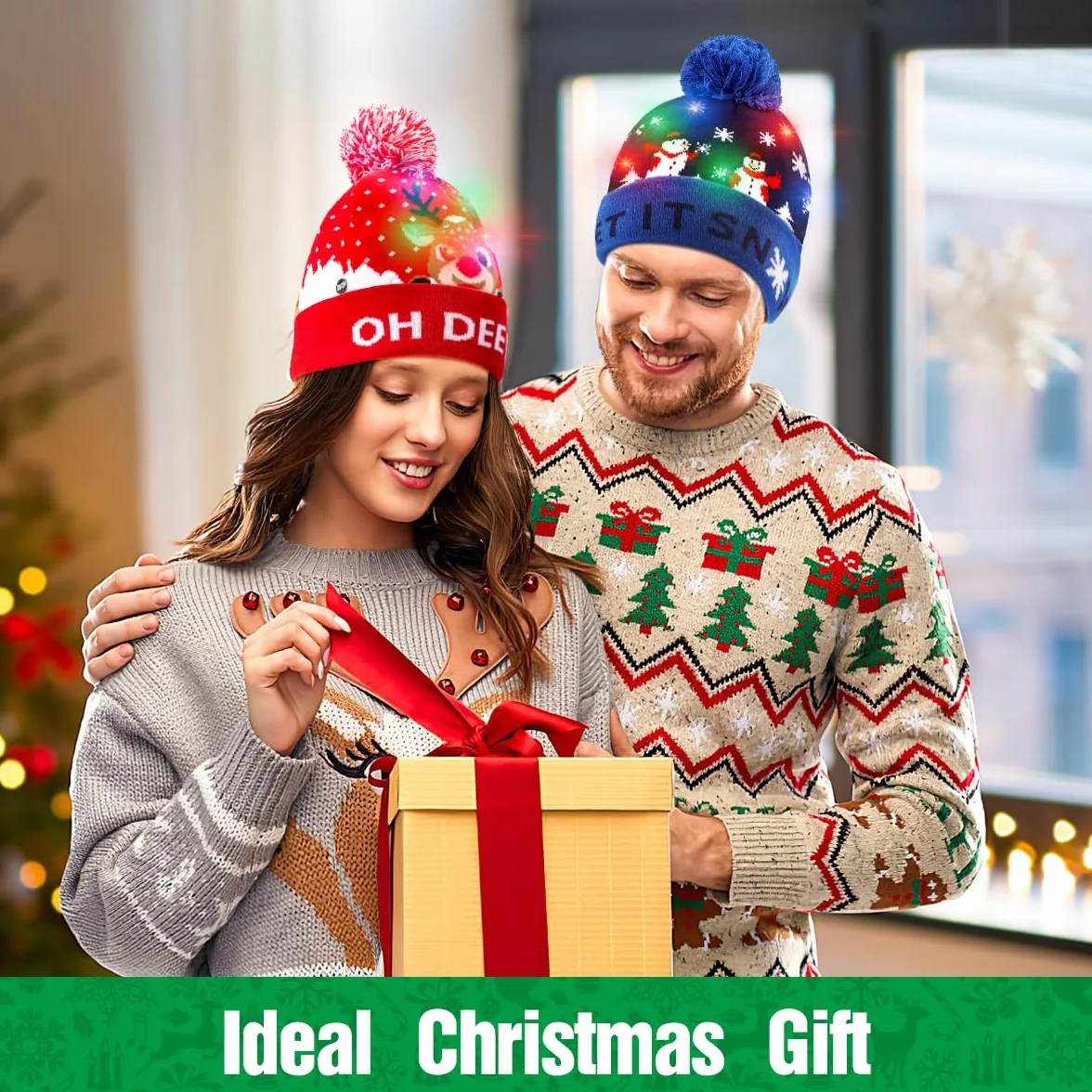 Sombrero de Navidad de punto LED, 2 piezas de gorro de Navidad Gorro de invierno, nieve, vacaciones, para niños, hombres, mujeres, niños, niñas, festival de Navidad, fiesta de cumpleaños