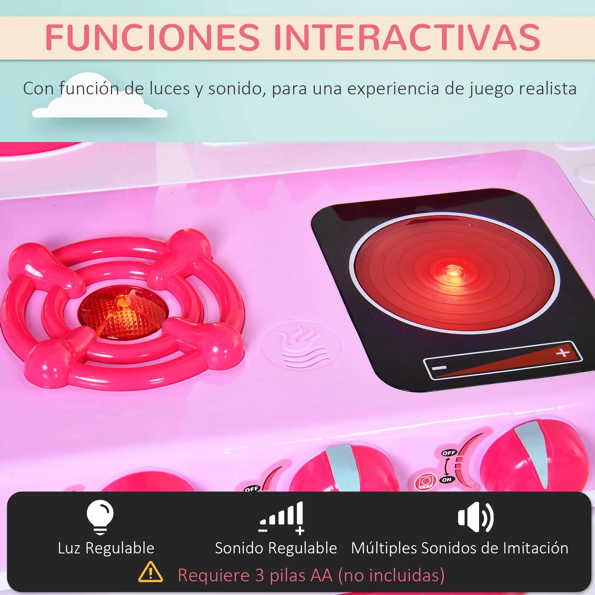 HOMCOM Cocina de Juguete para Niños 38 Accesorios Luz Sonido 78x29x87 cm Rosa