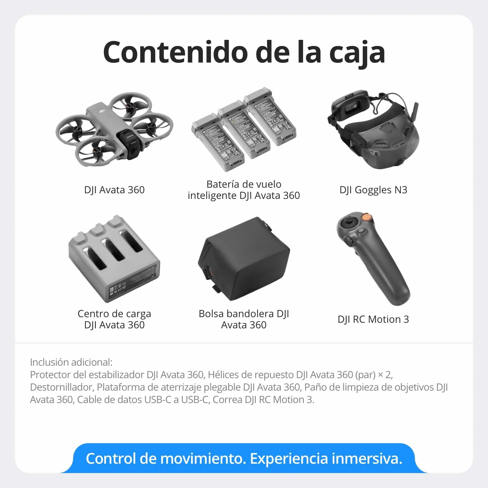 Pack DJI Avata 360 Motion Vuela Más, dron 360° con imagen 360° de 1 pulgada 8K, dron con cámara 360° con protector de hélices. Incluye Goggles N3 y RC Motion 3 para un control de movimiento intuitivo.