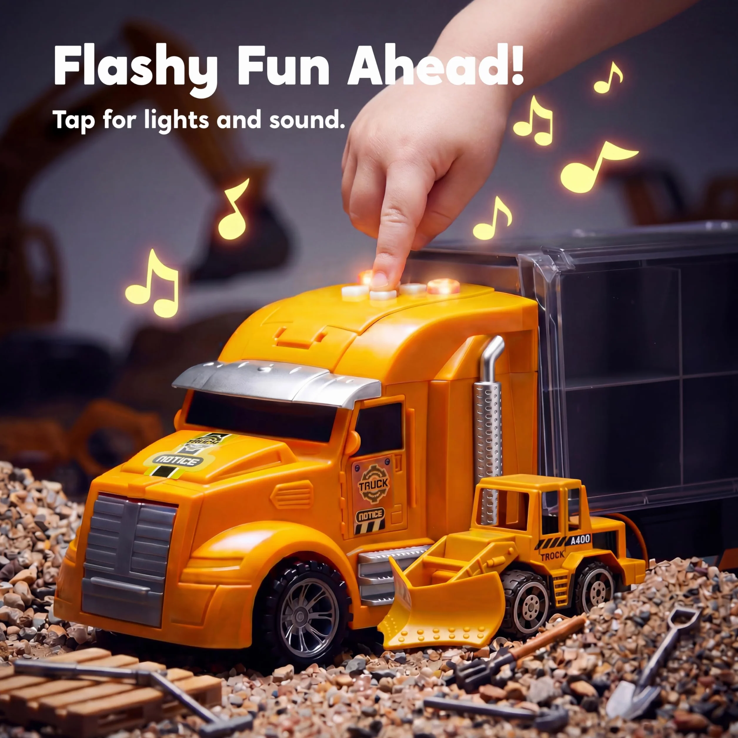 JOYIN 25 en 1 Juego de Juguetes camión de construcción fundidos a presión (Incluye Tractor Excavadora transportadora) con Sonidos y Luces, Regalos de cumpleaños para niños a Partir de 3 años