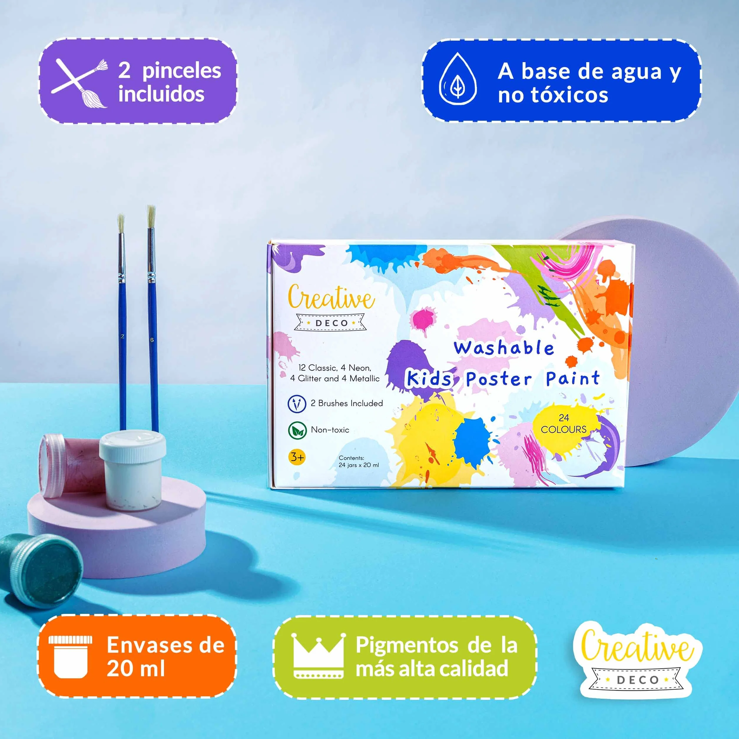 Creative DECO Temperas para Niños Lavable Pintura Dedos Bebes | 24 x 20 ml Botes | No Tóxica | Colores Básicos Fluorescentes Brillantes Metálicos y Neón | para Principiantes y Artistas Navidad