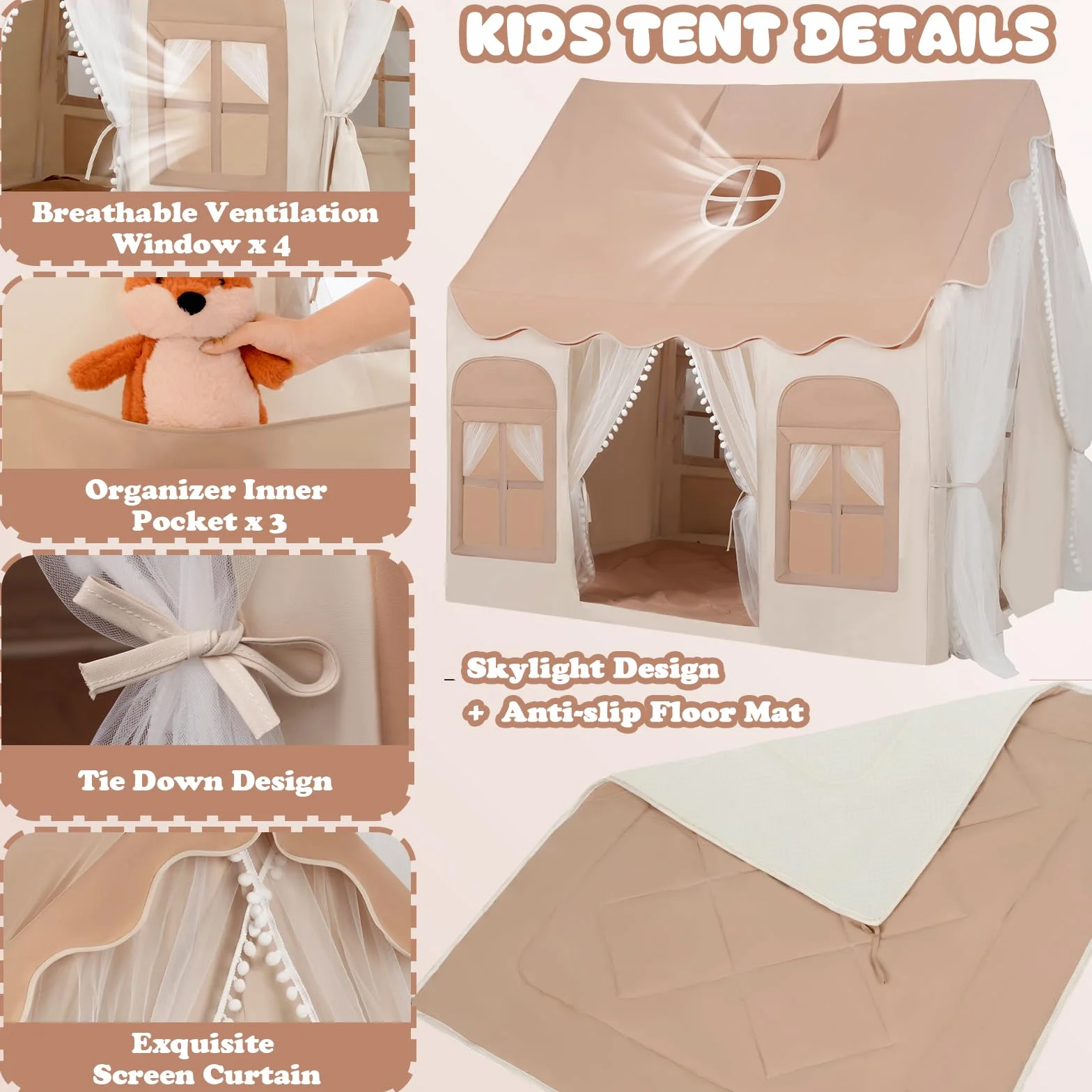 snookids Tienda para niños - Casa de Juego Interior con Alfombra, Luces, Colgantes de arcoíris y Bandera Estrellas, Tienda Juego para la decoración de la habitación niños y niñas