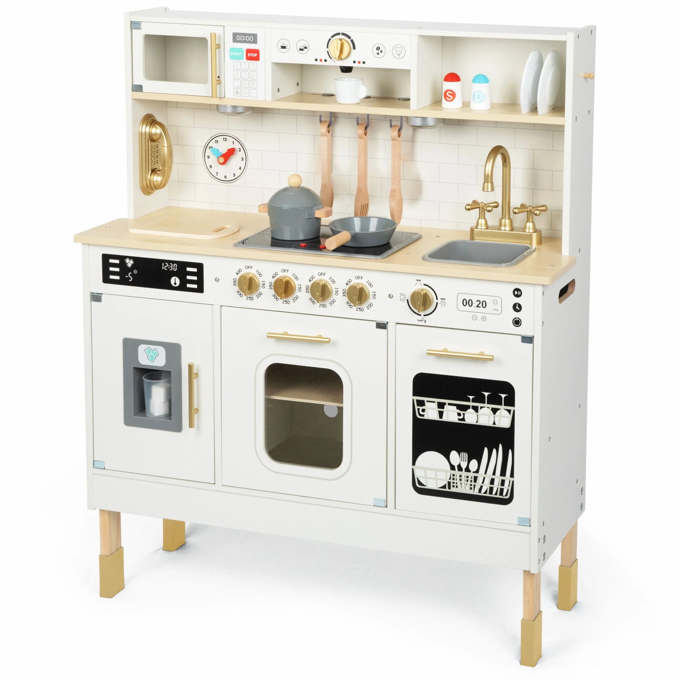 Mamabrum Cocina de Juguete para Niños de Madera con Luces LED - Juguetes Cocina Niños Interactiva con Altura Ajustable - Incluye Microondas, Lavavajillas y Accesorios - 104cm