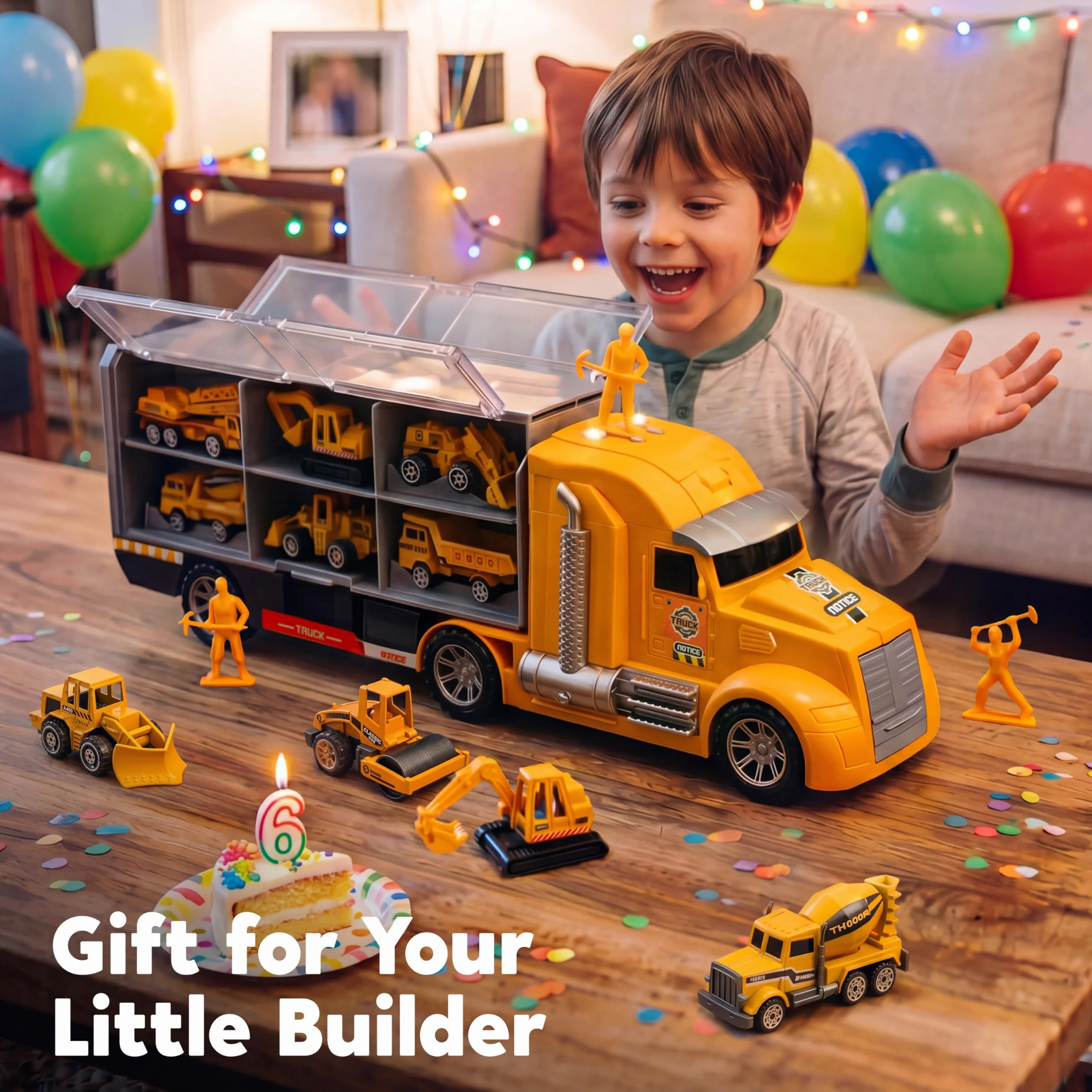 JOYIN 25 en 1 Juego de Juguetes camión de construcción fundidos a presión (Incluye Tractor Excavadora transportadora) con Sonidos y Luces, Regalos de cumpleaños para niños a Partir de 3 años