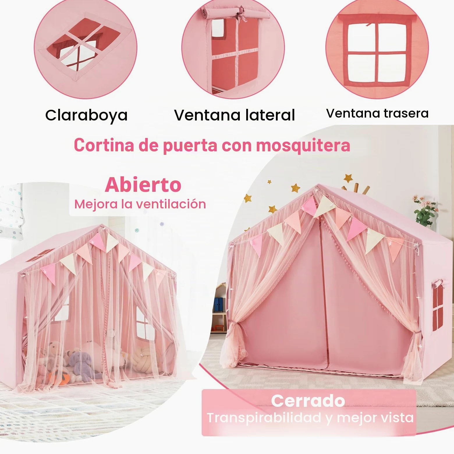 HOMASIS Tienda de Campaña Infantil con Colchoneta de Algodón, Casitas Infantil Tela de Interior con Luces, Cortina y Banderas, Cabañas para Niños a Partir de 3 Años, 146x96x133cm (Rosa)