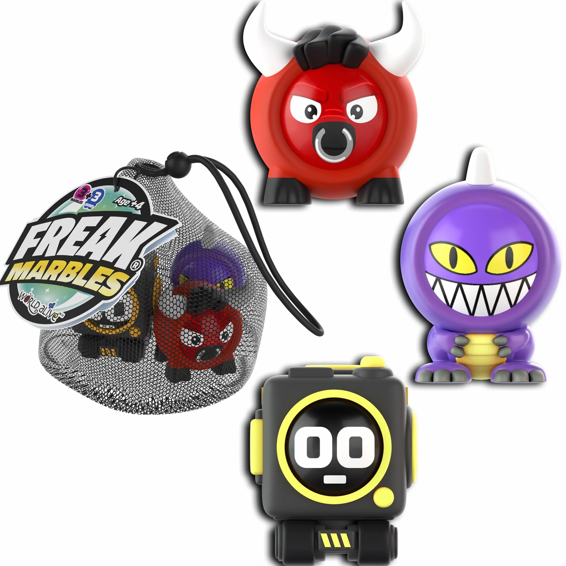 Freak Marbles Bolsa de malla con cordón | Colecciona, Juega y Comparte | Contiene 3 canicas y 3 skins