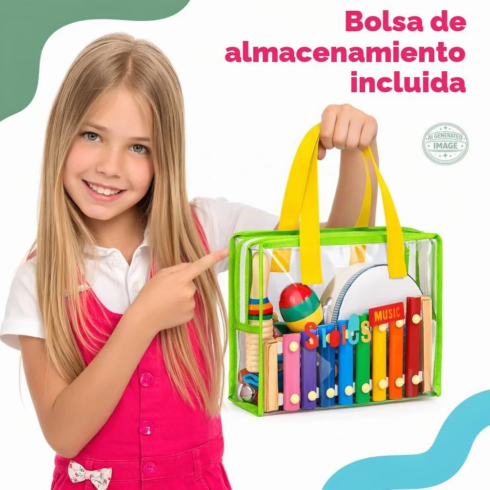 Stoie’s Set de Instrumentos Musicales para Niños – Instrumentos de percusión de Madera para niños de 1 a 3 años, xilófono, pandereta, Maracas, Juguetes Musicales para niños de 3 a 5 años