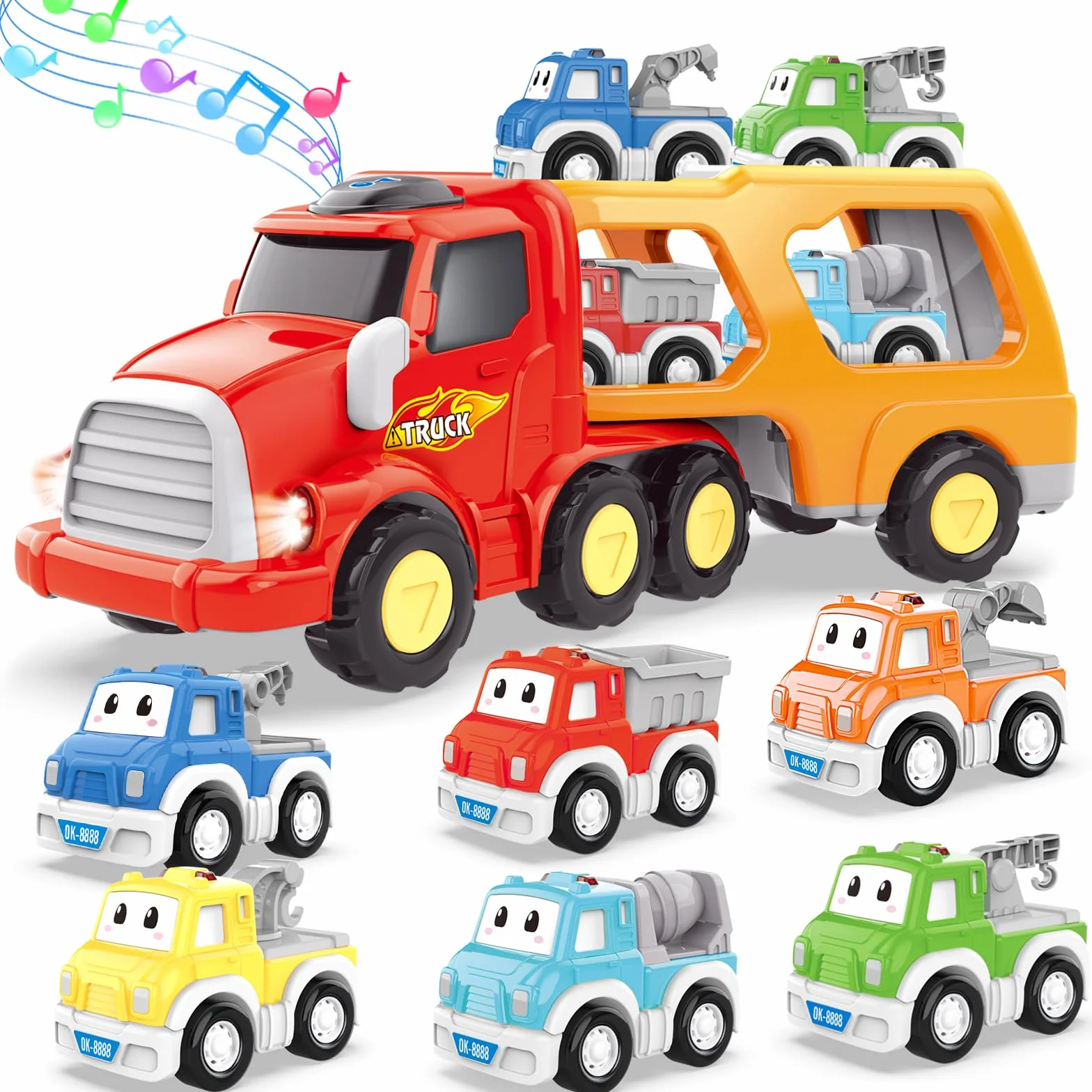 Camión de Juguetes - 7 en 1 Transportador Coches con Luces y Sonidos - Regalo para Niños 1-4 Años