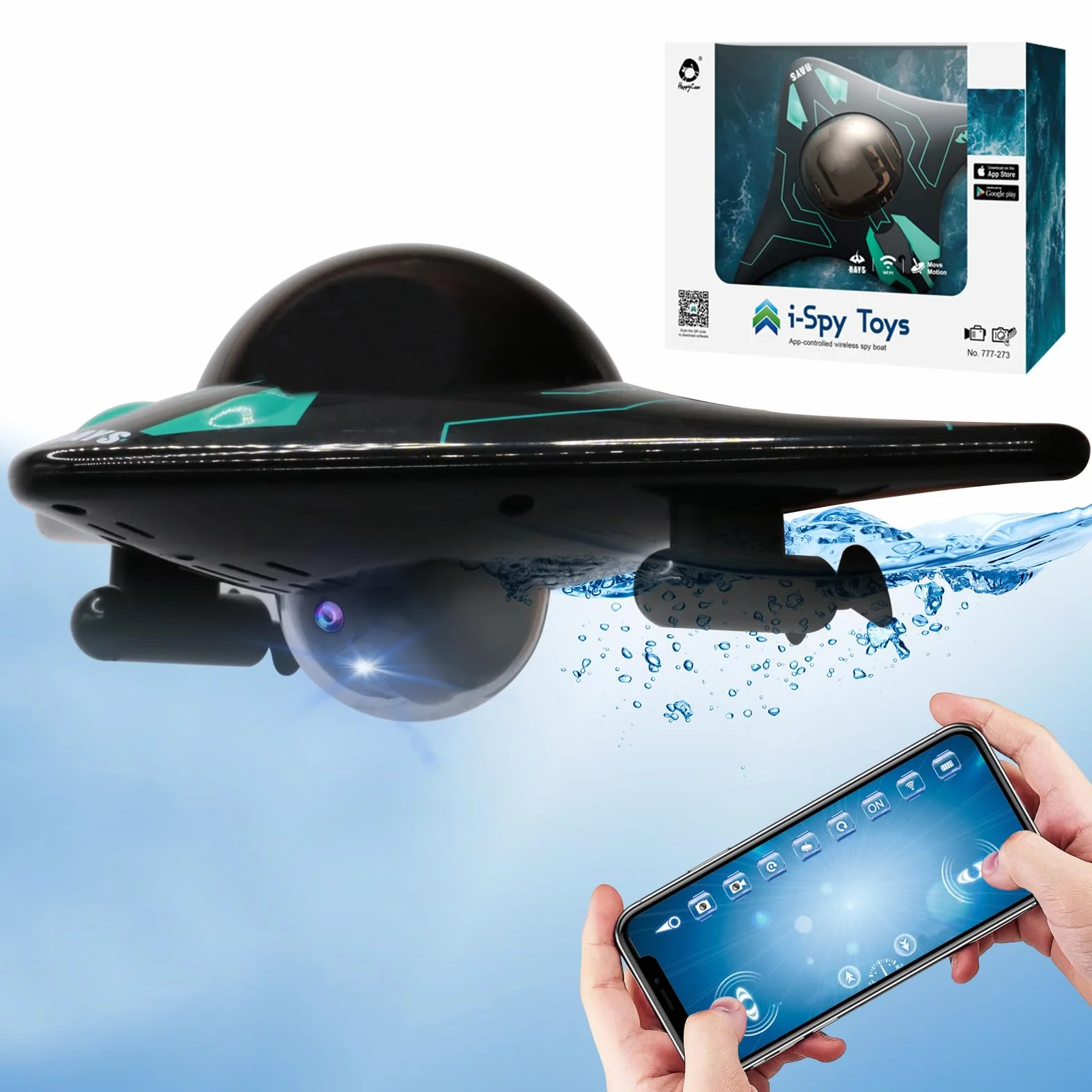 OBEST Barco teledirigido con cámara HD ajustable de 90°, juguete acuático operado por app, luces LED, nave espacial de agua rápida, adecuado para piscinas al aire libre