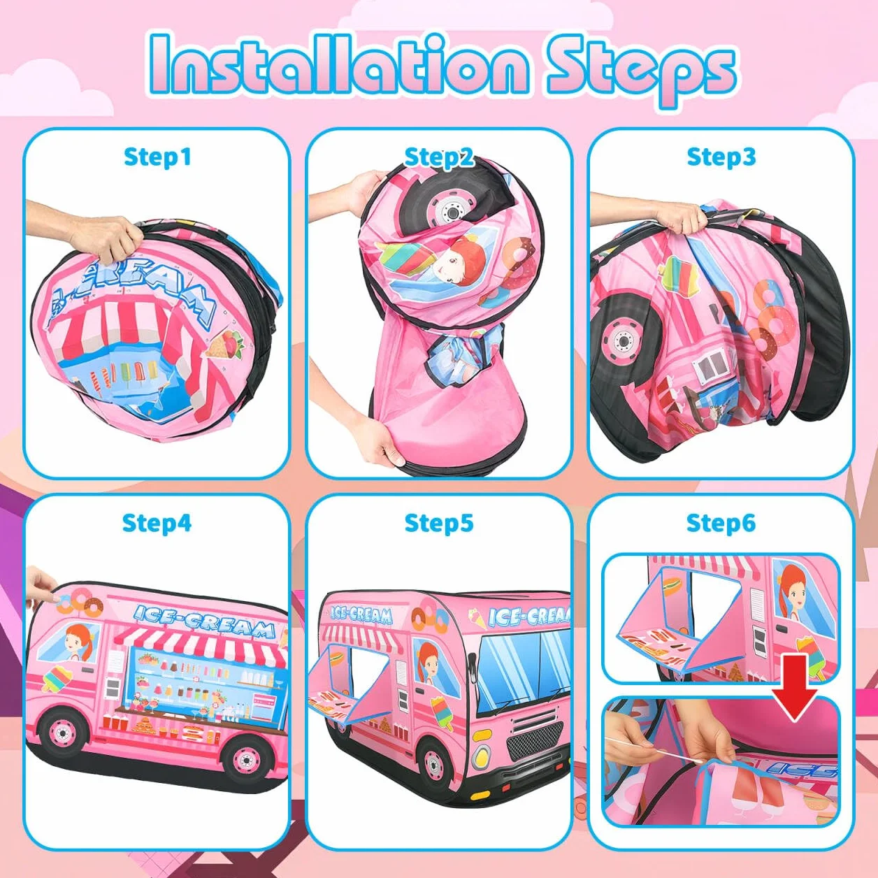 deAO Casita de Juegos Carpa Infantil Tienda con Diseño Pop Up Auto Armable Montaje Rápido Actividades Recreativas al Interior Exterior Área de Recreo (Heladería, Camión de los Helados)