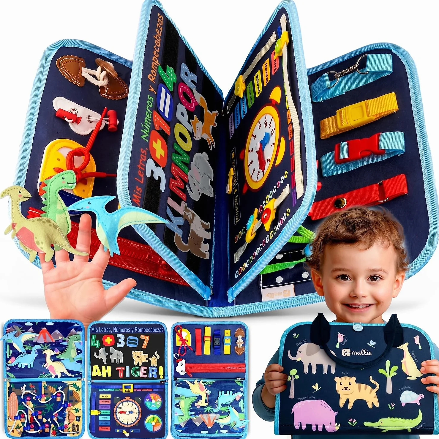 Mallie® Montessori Busy Board en Español para 1 2 3 años con Juego de rol y Marionetas – Busy Board, Libro Montessori 1 Año, Busy Book, Libro Sensorial Bebe 1 Año, Libro Montessori 2 Años