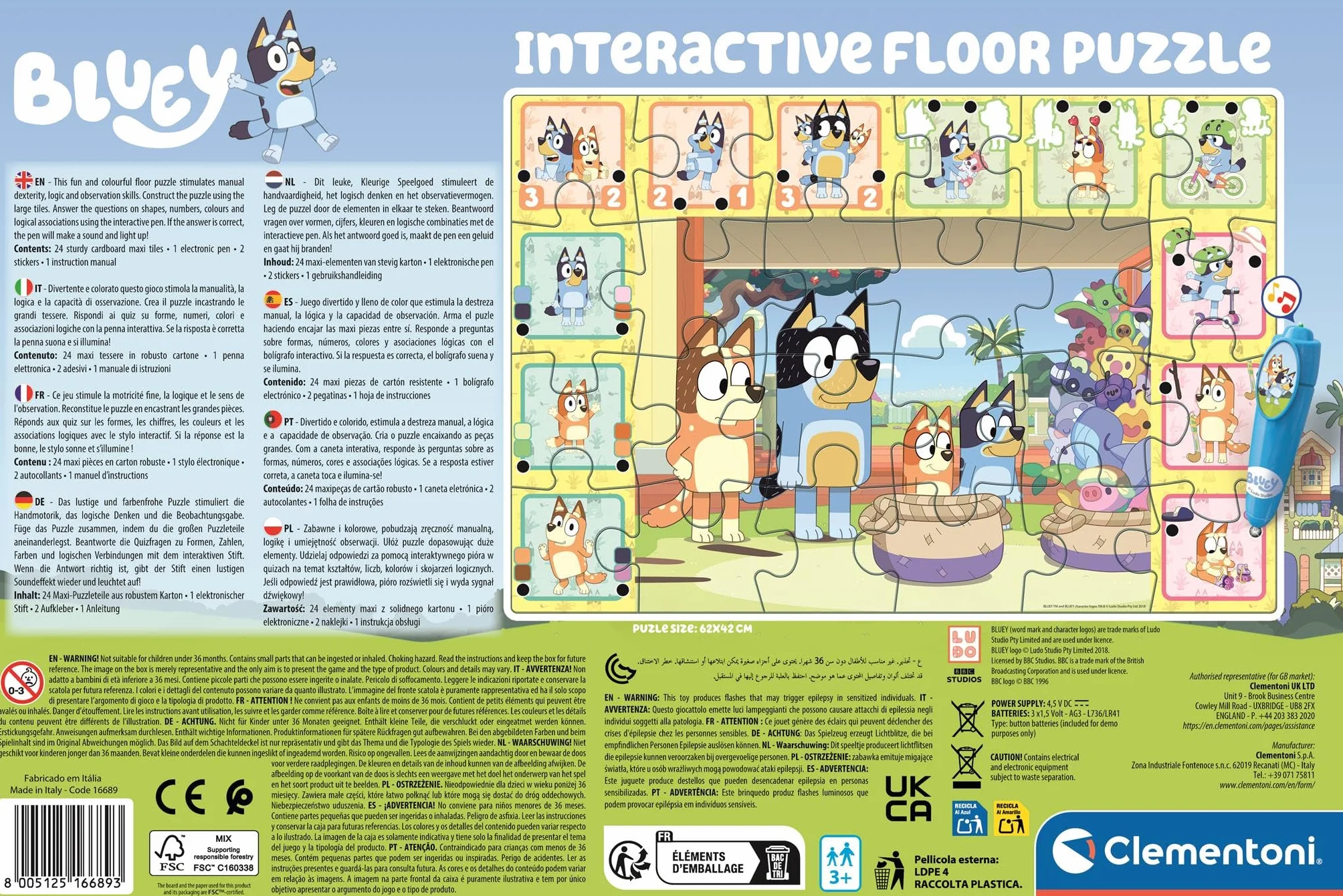 Clementoni - Puzzle Interactivo de Bluey para Suelo - 24 Piezas, Pen Interativa, Desarrollo Autonomía y Concentración, 3+ Años, 62x42 cm, 16689