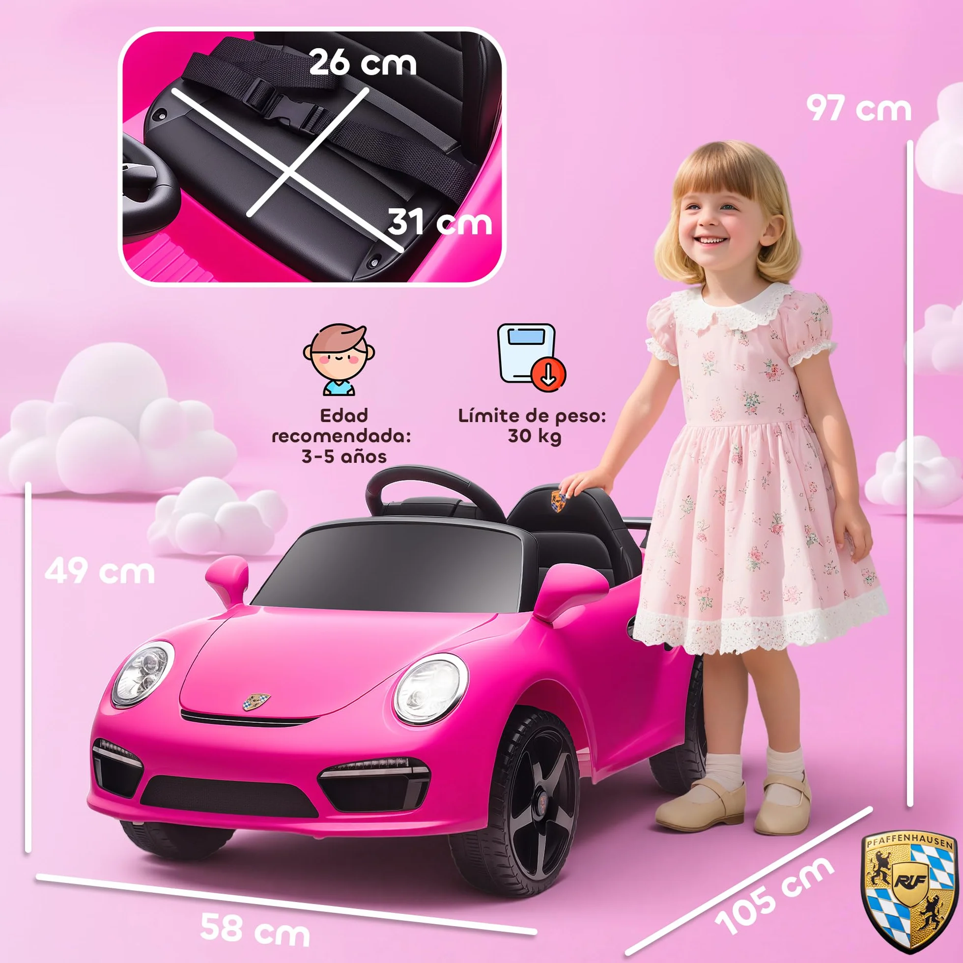 AIYAPLAY Coche Eléctrico para Niños con Licencia RUF CTR 3 Clubsport, Coche de Batería 12V, con Mando a Distancia 2,4 G, Motor Doble, Música Inalámbrica, Bocina, Ruedas Auxiliares y Faros LED, Rosa