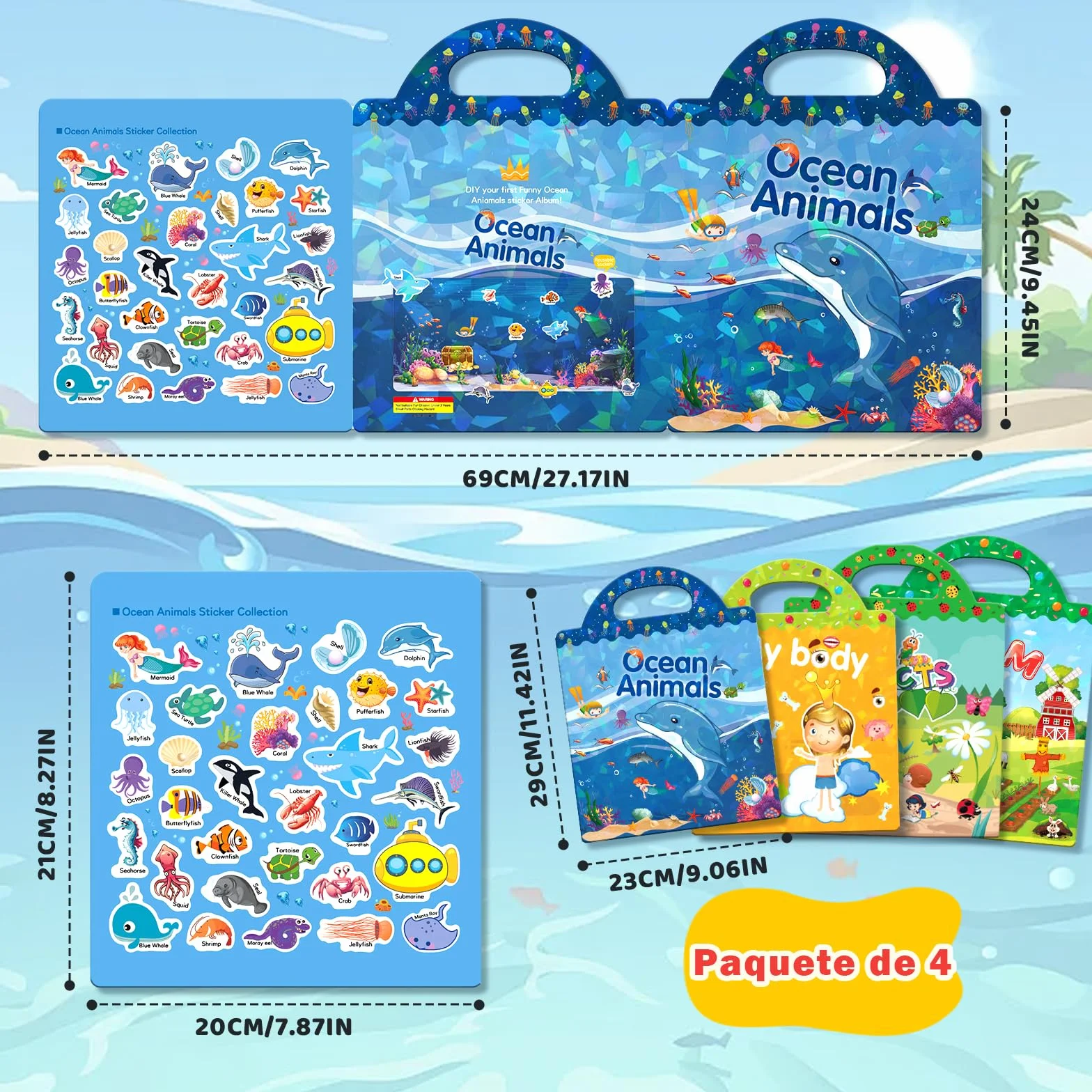 GUYUCOM Paquete de 4 libros de pegatinas reutilizables, juguetes para niños de 2, 3, 4 años, pegatinas 3D transparentes para granja de insectos oceánicos, juguete educativo, regalos de cumpleaños