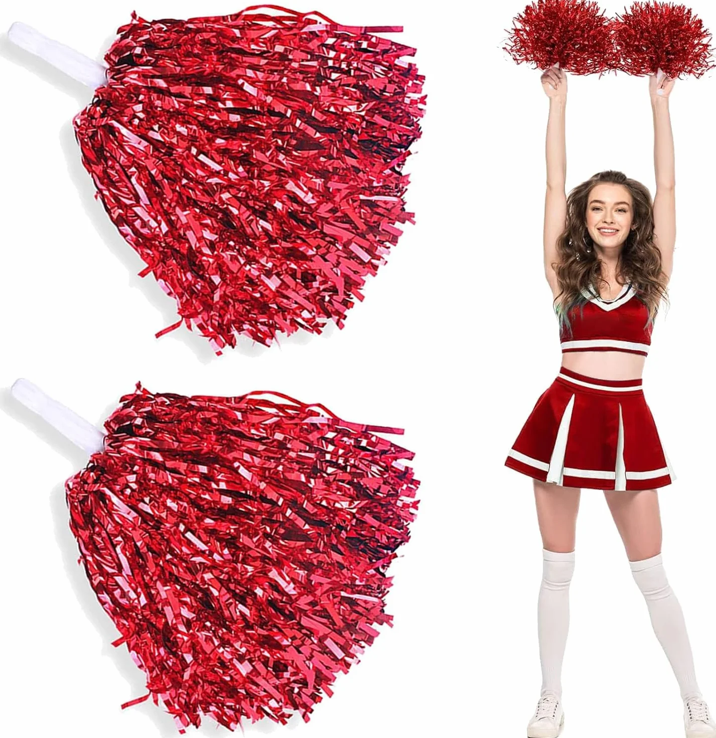 Pompones de animadora de lámina con asa para juegos de pelota, baile, fiesta (rojo)