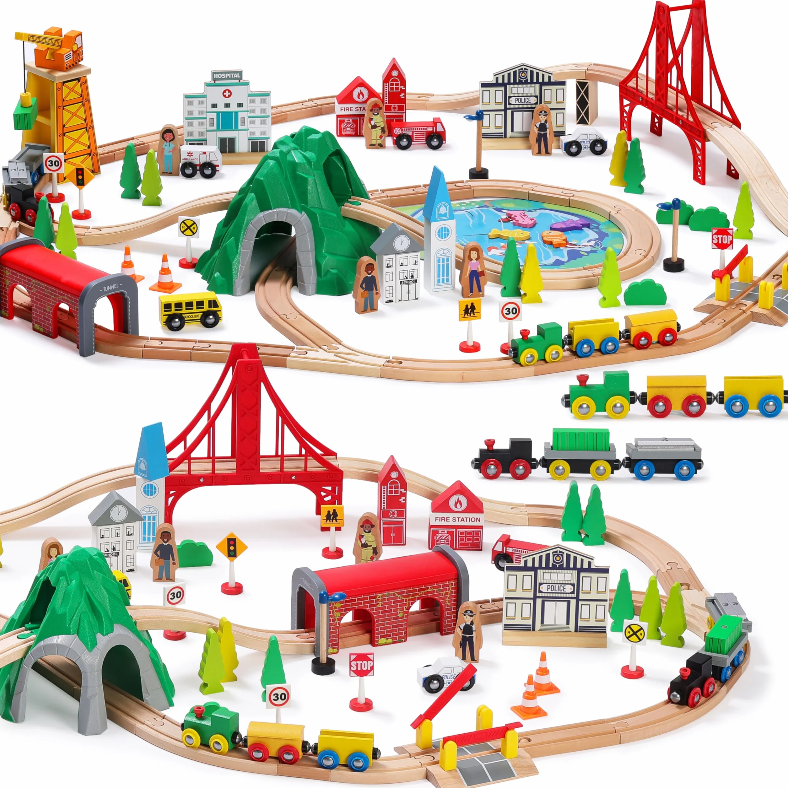 SainSmart Jr. Juego de Tren de Madera de 112 Piezas para niños pequeños, vías de Tren de Doble Cara, Compatible con Brio, Thomas, Melissa y Doug, Juguete de Madera niños y niñas
