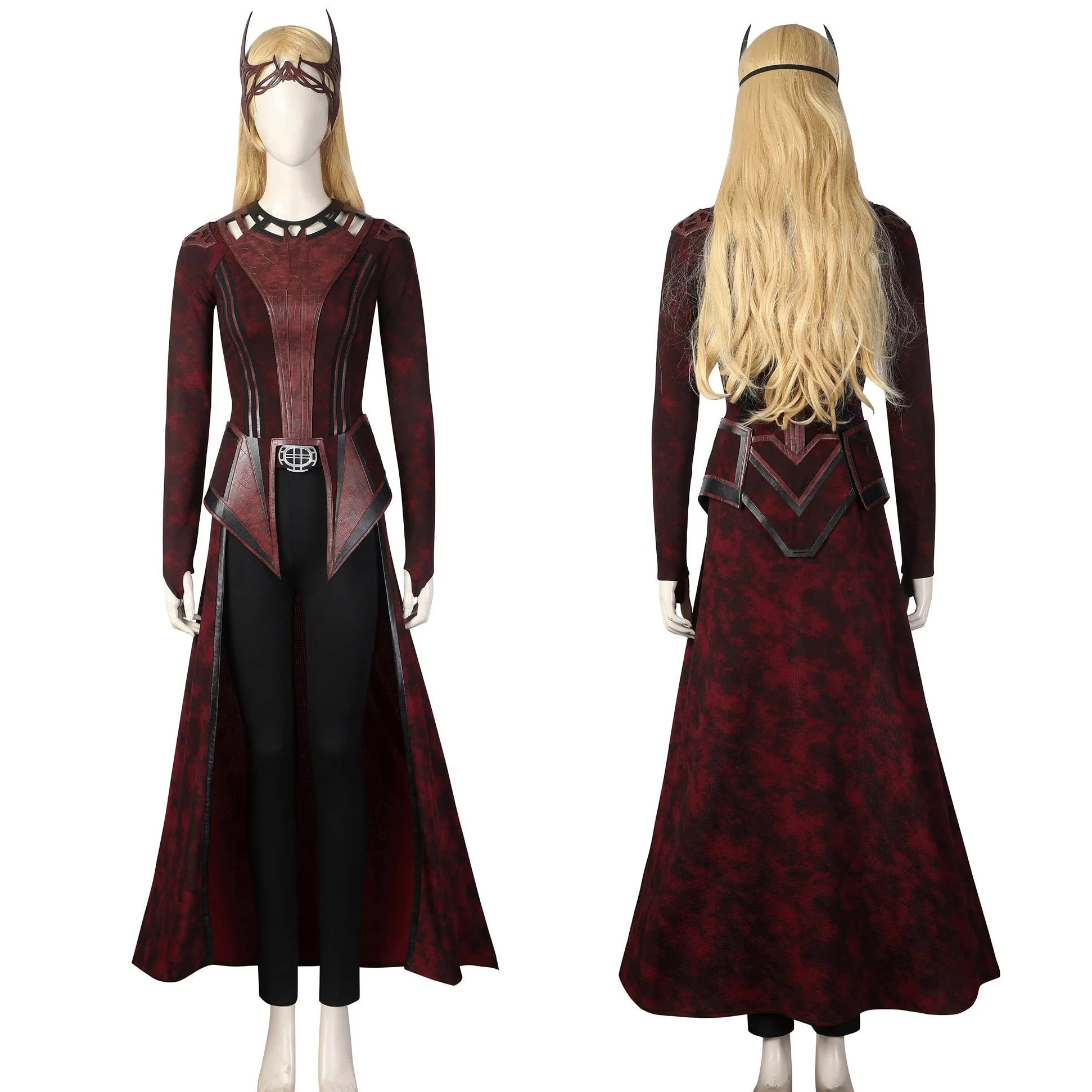 SINSEN Disfraz de bruja escarlata para mujer, disfraz de Wanda Maximoff, disfraz de cosplay con capucha, capa, chaqueta, pantalones, traje para la cabeza, fiesta de Halloween, conjunto completo