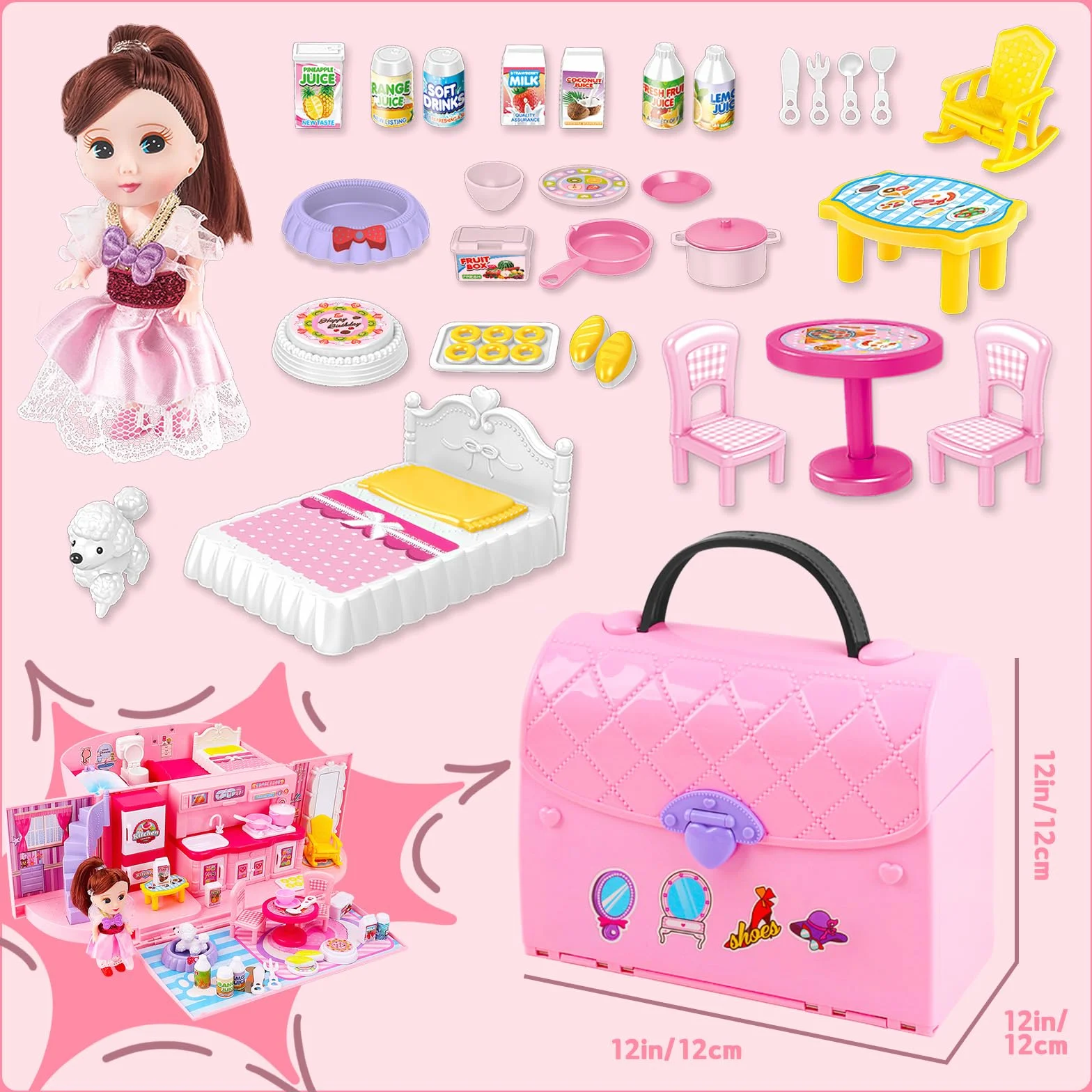 deAO Casa de Muñecas Portátil: Casa de Muñecas con Diseño de Bolso para Niñas a Partir de 3 Años, Juguete Plegable para Viajar con luz y Música, Incluye Muñeca, Perro y Muebles, Regalo (Rosa)