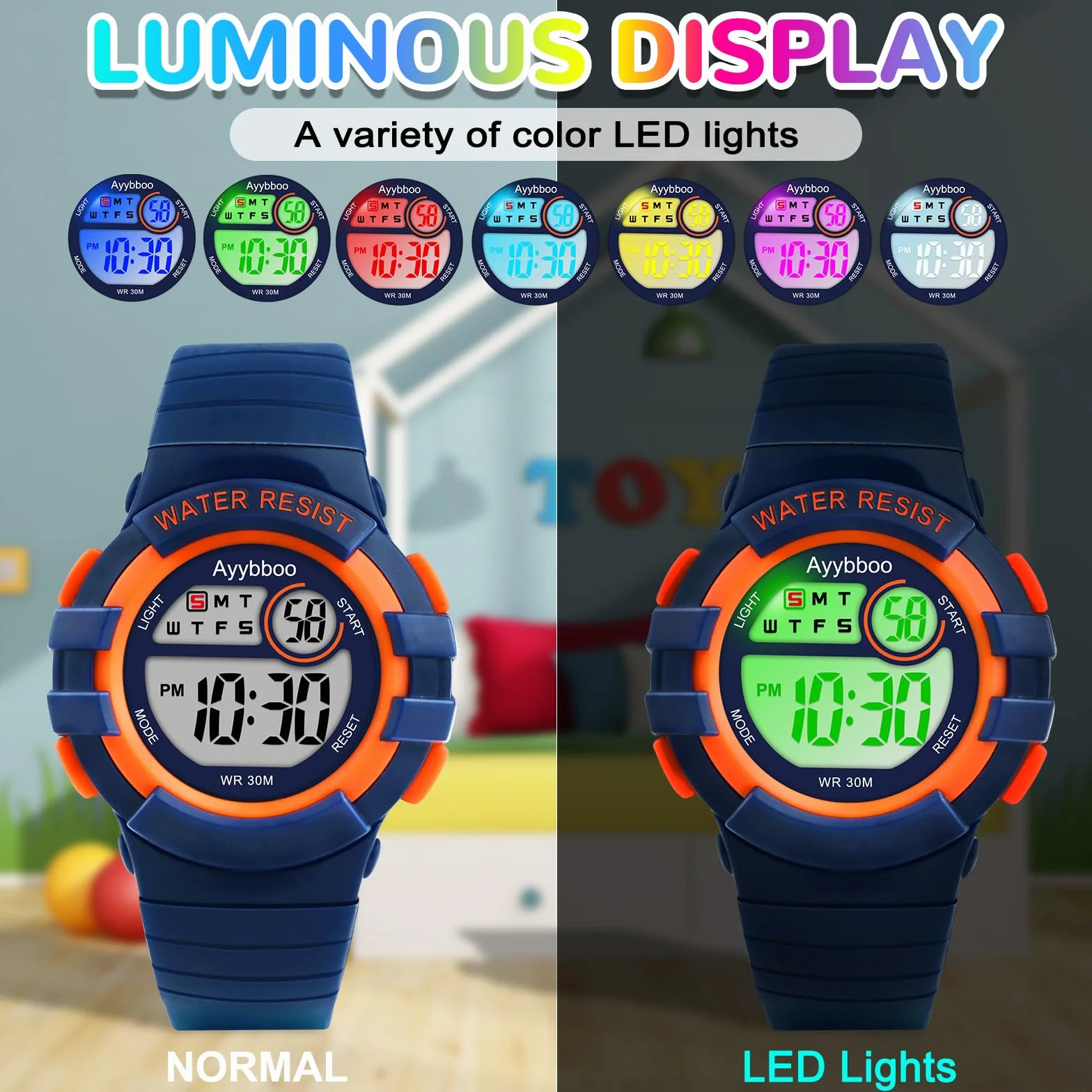 Reloj Niño Digital 7 Luces LED Impermeable 3ATM Alarma Fecha Cronómetro Deportivo Pulsera