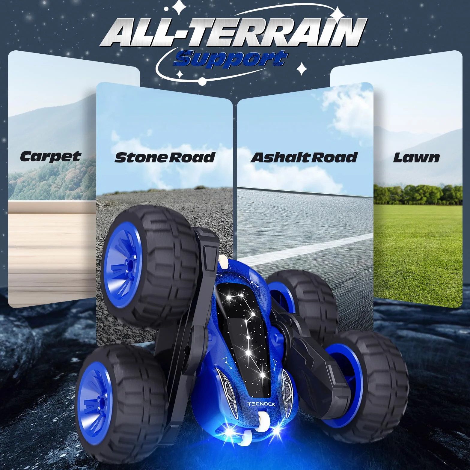 Tecnock Coche Teledirigido 2,4 GHz 360° Flip Stunts RC Monstertruck con Luz Colorida Juguete al Aire Libre Regalo para Niños 3-12 Años