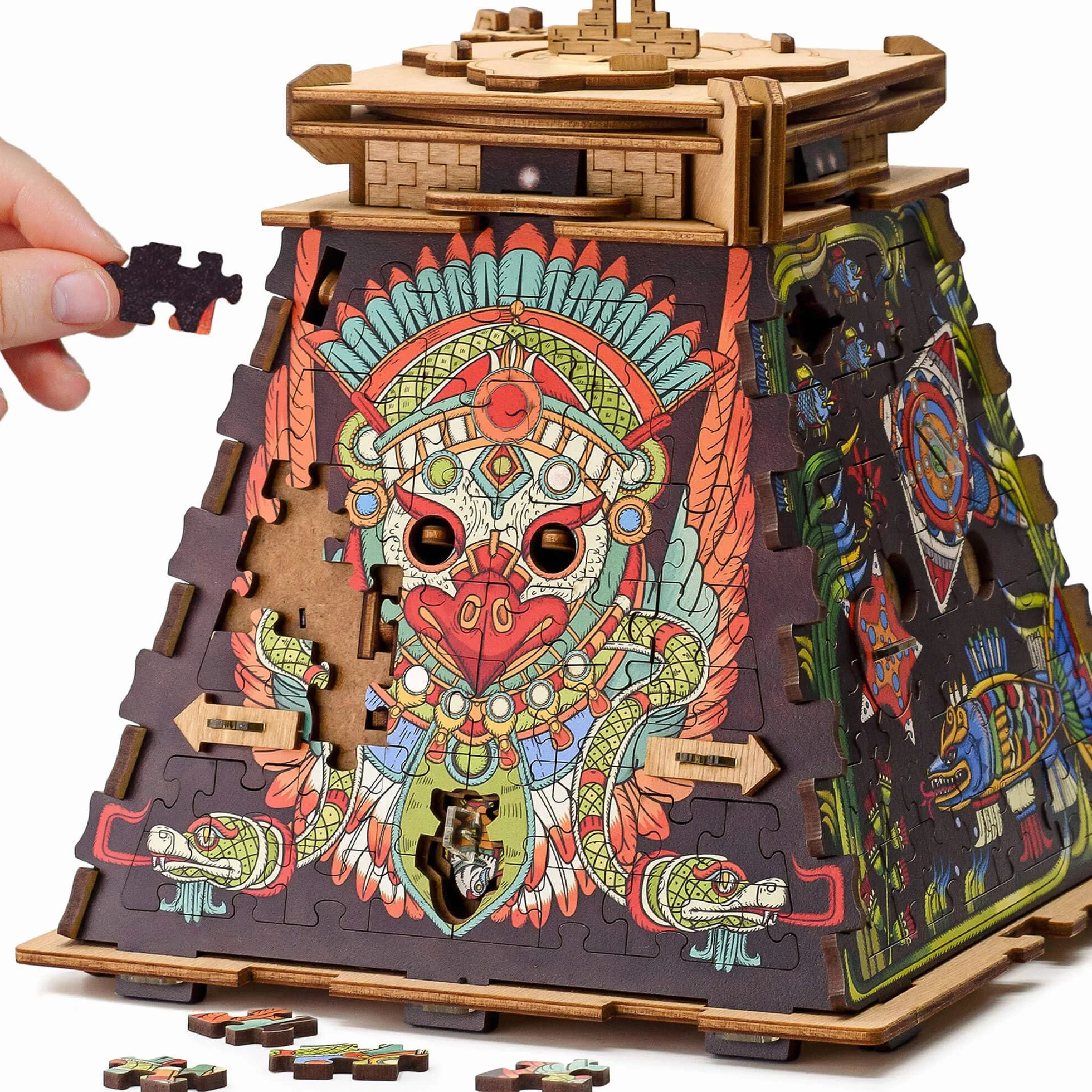 iDventure Cluepuzzle Pirámide de Sol - Juego de Escape Room con rompecabezas de Jigsaw - Puzzle de madera 3D - Caja de regalo - Cofre del tesoro - Caja de rompecabezas secuencial para adultos - Regalo
