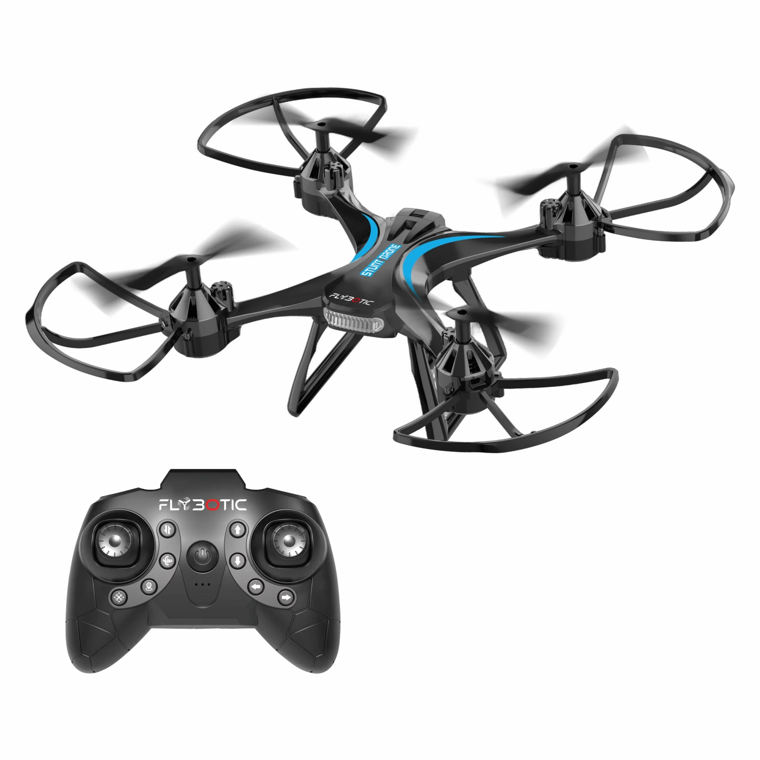 Flybotic - Stunt Drone – Drone Teledirigido 2,4 GHz – Despegue y Aterrizaje Automáticos – Vuelo Estacionario – Acrobacias 360° – 3 Velocidades – 2 Baterías Incluidas – RC Principiante Niño/Adolescente