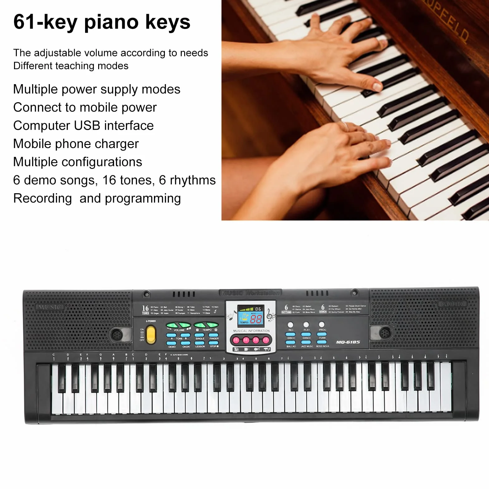 Teclado Electrónico 61 Teclas Portátil Multifuncional con Micrófono para Principiantes Compatible con Dispositivos Móviles Ideal para Aprendizaje Musical y Entretenimiento en Casa o Estudio