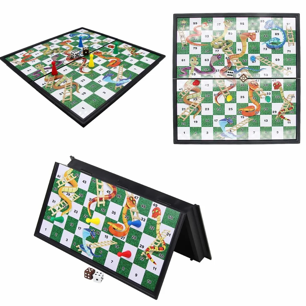 POFET Juego de Mesa Plegable magnético Snakes and Ladders, Juego de diversión Familiar