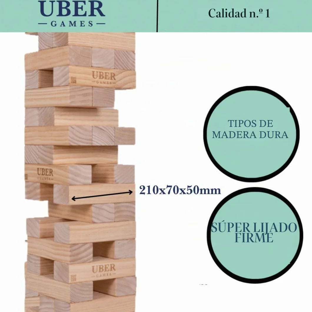 Ubergames Torre gigante tambaleante de hasta 160+ cm XXL Jumbo Hi-Tower en bolsa – 1,6 m (máximo en el juego). Juego de torre de madera de pino macizo - Bloques extra de lujo y bolsa (hasta 160+ cm)
