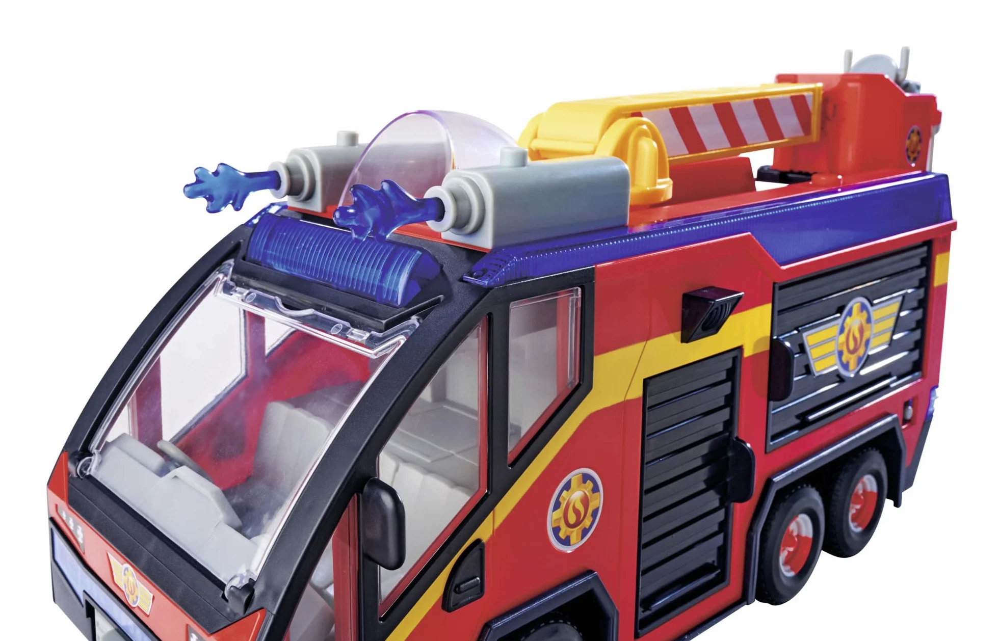 Simba 109252595 Figura de Júpiter Bombero, camión de Bomberos, Sam y Radar, Efectos de luz, Sirena, Escalera giratoria, Flechas de Agua, Plataforma para Quad, 32 cm, Accesorios, a Partir de 3 años