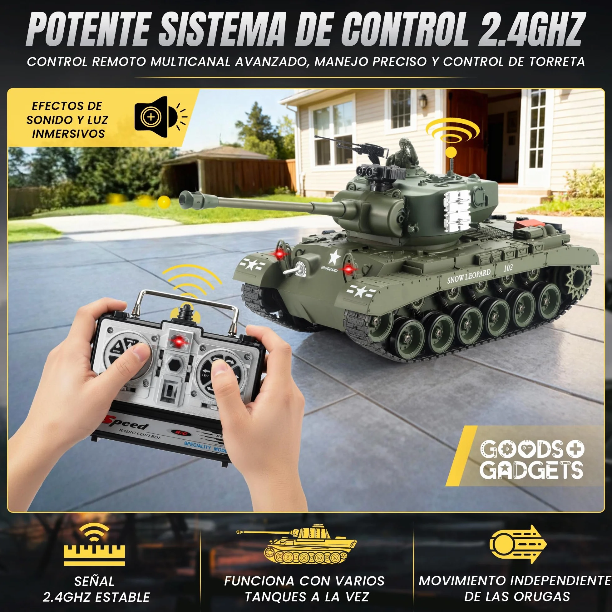 GOODS+GADGETS Tanque RC Alemán Tiger I 2.4GHz R/C Modelo a Escala 1:16 con función de Disparo, Sonido - RTR (Pershing Snow Leopard)