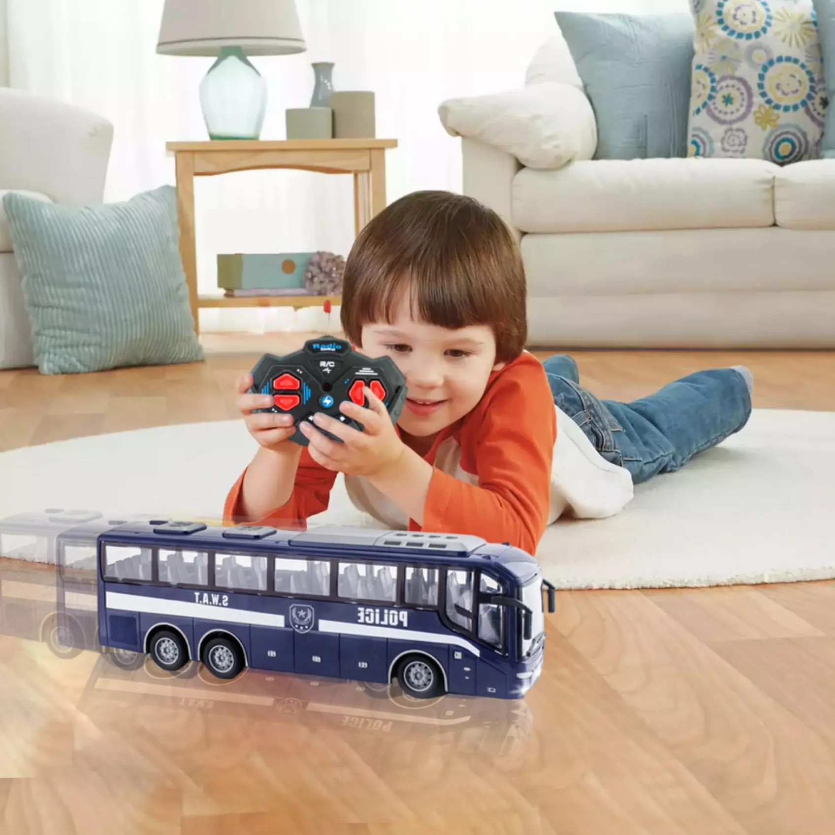 Juguete de autobús de la policía, 12.4x3.2x4.5 pulgadas 1:30 Simulador de autobús de la policía eléctrica realista y divertida de control remoto, regalo creativo para niñas, sin batería, azul