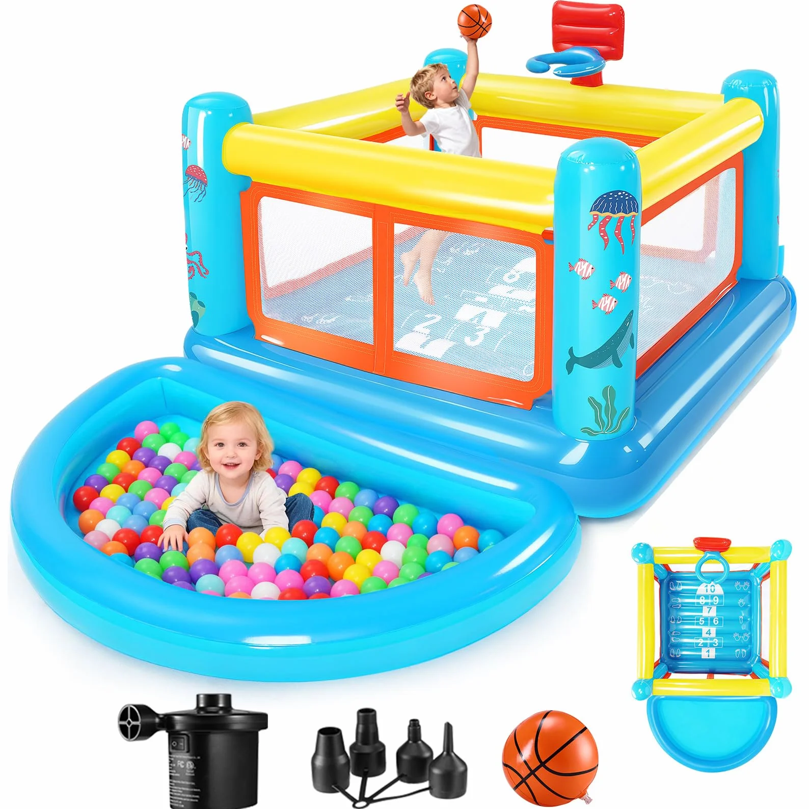 Castillo Hinchable para niños de 3 a 6 años, pequeña casa de Juegos Hinchable de PVC con cojín para Saltar, Piscina de Bolas extraíble, Canasta de Baloncesto y Juego de Saltar, Incluye Bomba de Aire