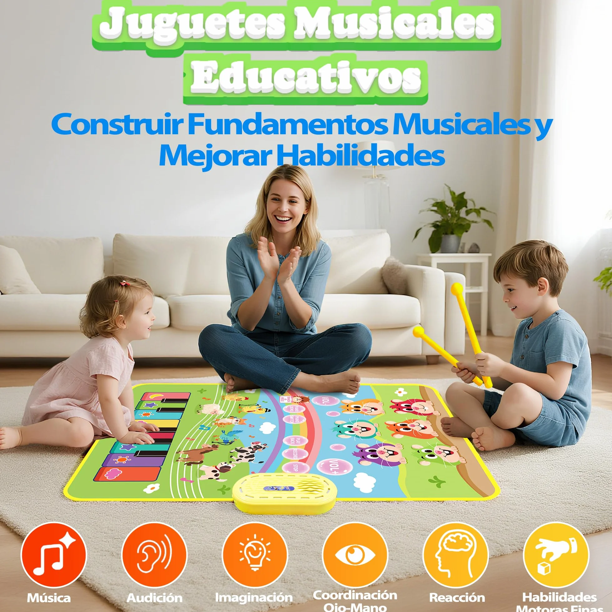 MOMUSE Alfombra Musical Golpea-al-Topo, Regalo Bebé 1 2 3 Años, 3 en 1 Piano Bebé Juguetes Sensoriales de Aprendizaje Educativo Temprano Montessori, Regalos de Cumpleaños para Niños Niñas 3 4 5 Años