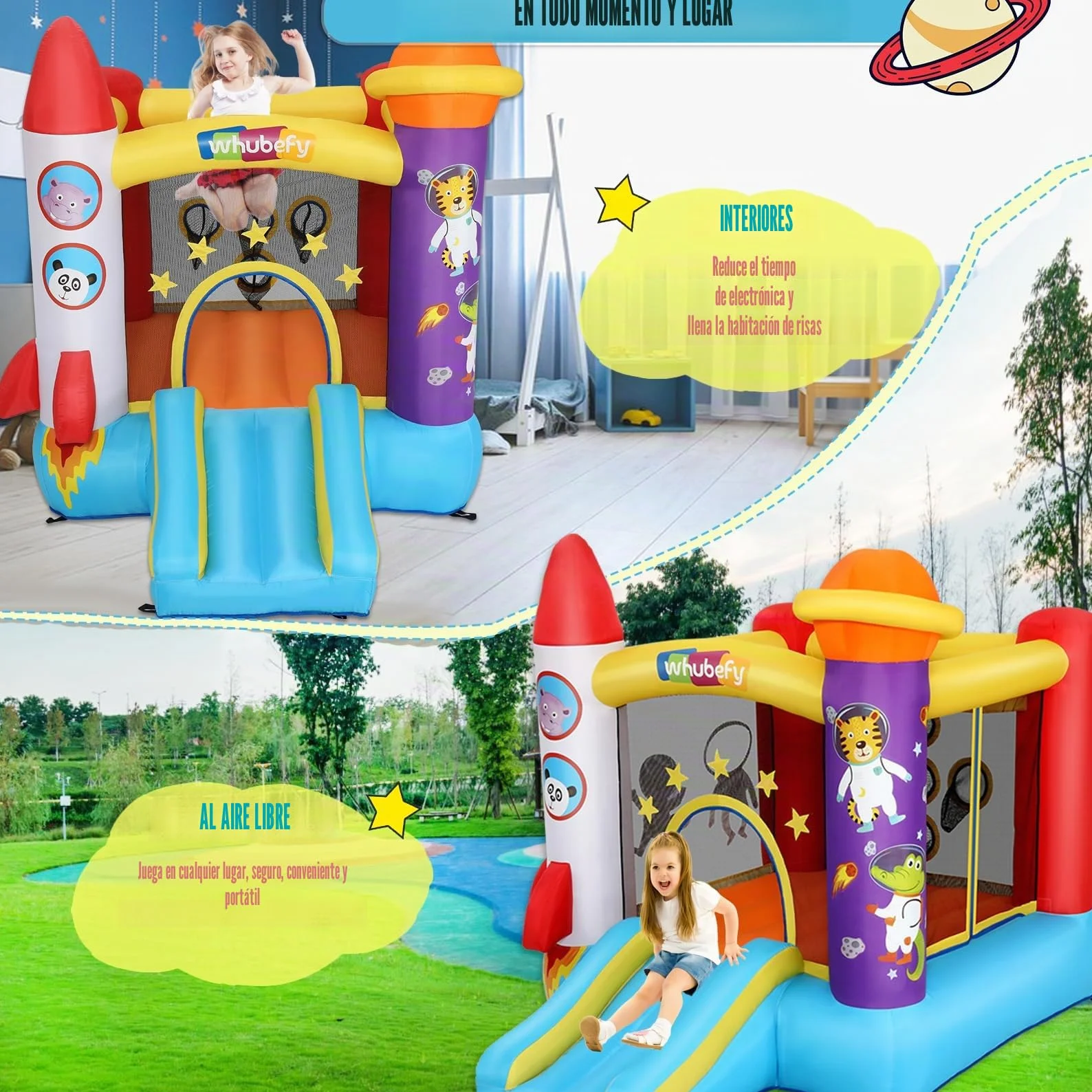 Castillo Hinchable para niños pequeños (2-8 años), Castillo Hinchable con soplador, área de Juego de astronautas y Zona de Tiro, Castillo Hinchable de Cohetes para Fiestas en Interiores y Exteriores