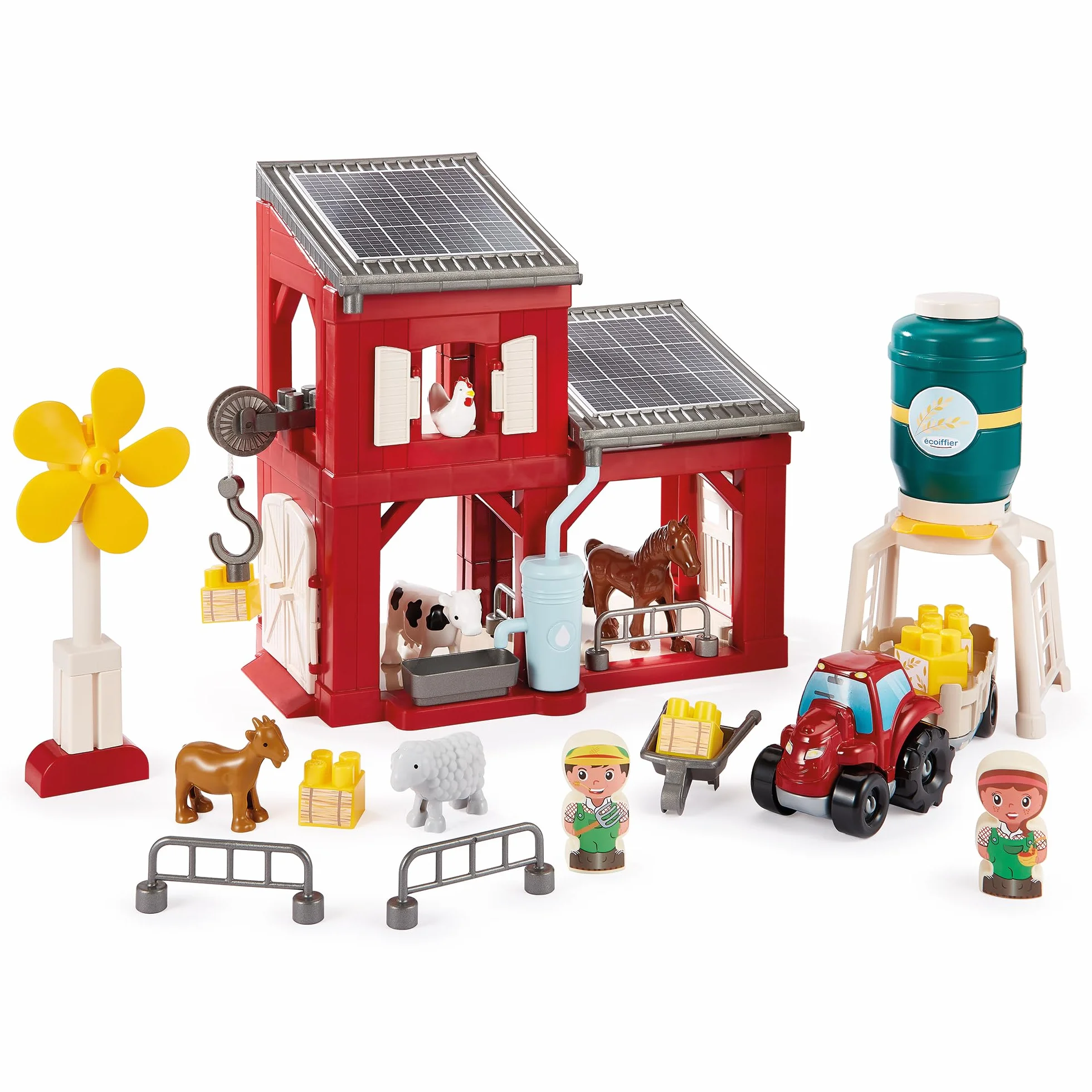 Ecoiffier Abrick Granja ecológica, Juego de construcción con Animales, Tractor, silo y Accesorios, con Paneles solares y aerogenerador, Juguete Educativo Desde 18 Meses (7900002979)