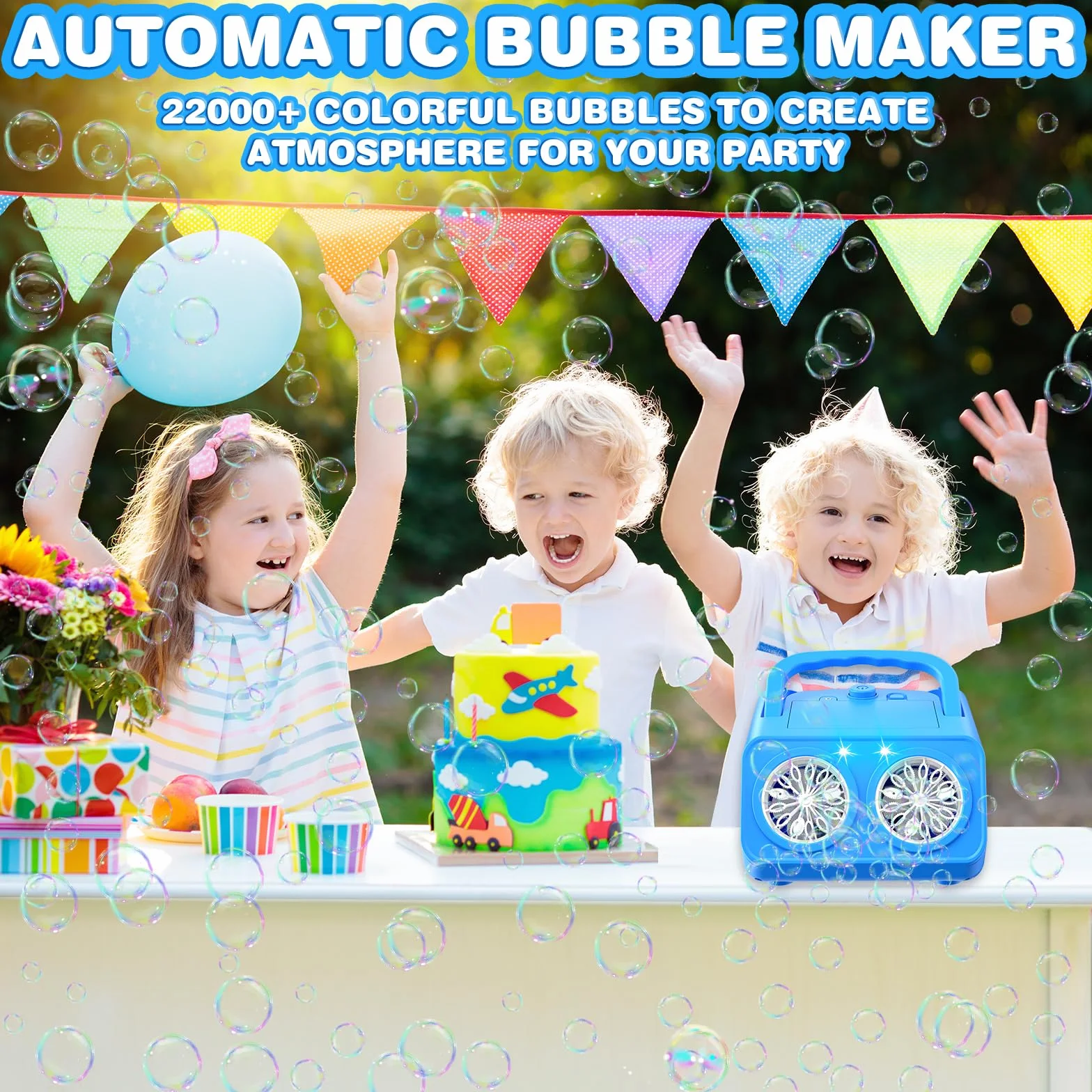 Maquina Burbujas, Más de 22.000 Burbujas por Minuto, Bubble Machine Automatico, Portátil Maquina de Burbujas para Niños Juguetes Regalos para Cumpleaños Fiestas Boda Exteriores (Azul)