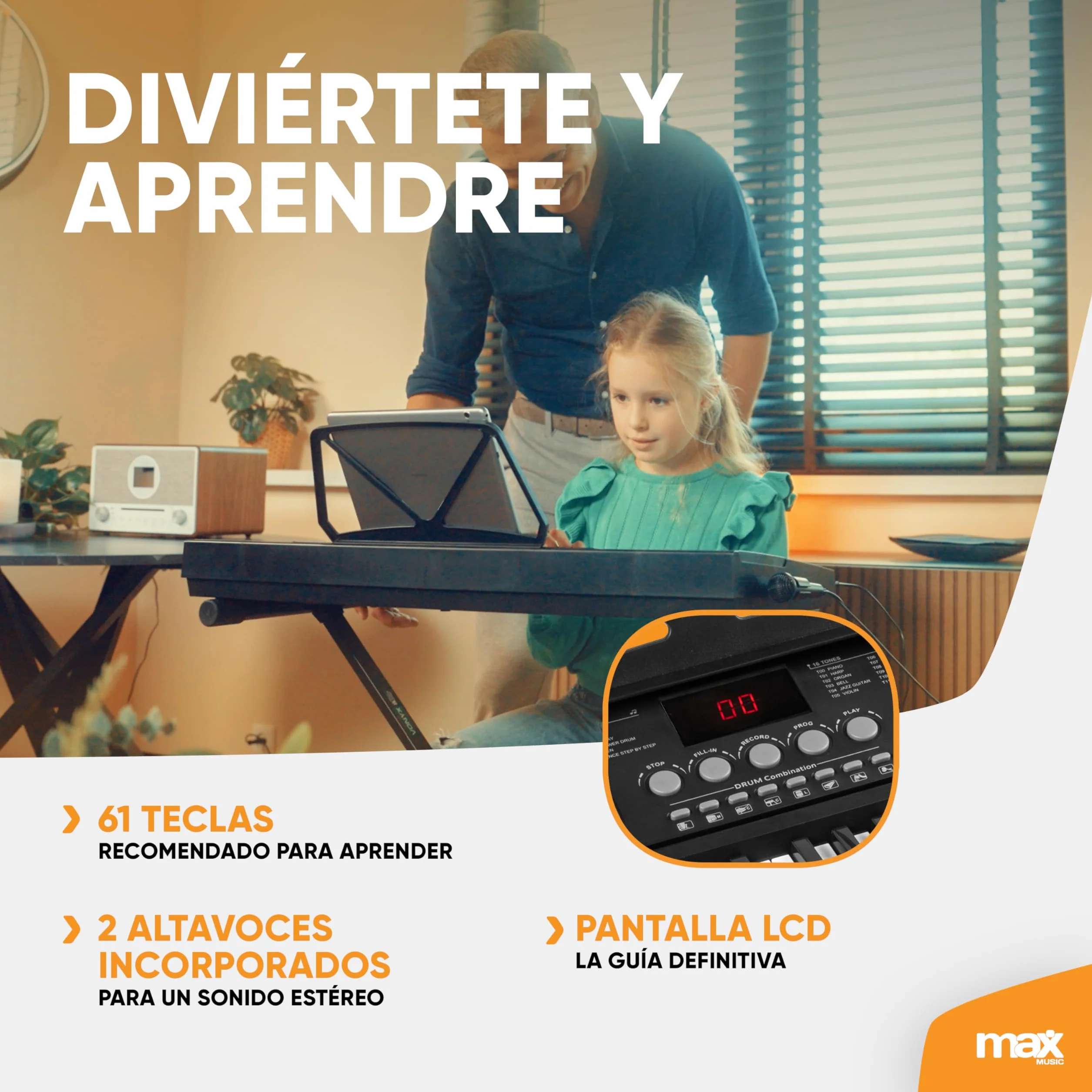 MAX KB15 - Teclado piano con 61 teclas, micrófono y pantalla, teclado con soporte, 8 horas de batería, 70 canciones, 16 sonidos, 8 percusiones, función de aprendizaje, teclado piano para niños, USB-C