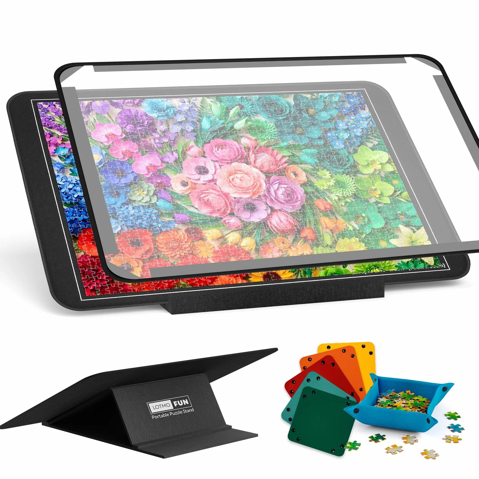 Tablero para Puzzle 1000 Piezas, Soporte Ajustable en ángulo, Tablero de Puzzle de Fieltro Ligero con 6 bandejas de clasificación y Cubierta, Mesa de Rompecabezas portátil