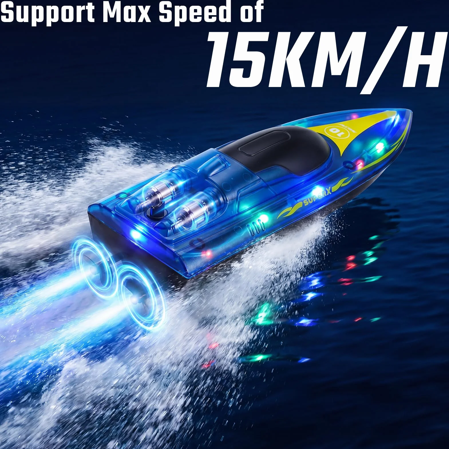 Barco Teledirigido, 2.4GHz Lancha Teledirigida con Luces LED, 2 Baterías, 90+ Mins, Alerta de batería baja, 15KM/H Barco RC para Piscinas Lagos, Juguete acuático para Adultos, niños de 14 años arriba