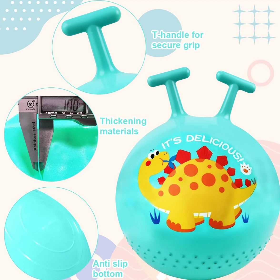 Pelota de salto para niños, pelota de saltar de dinosaurio con mango en forma de T, capacidad de carga de 80 kg, juguete para exteriores a partir de 2 años, con bomba (verde)