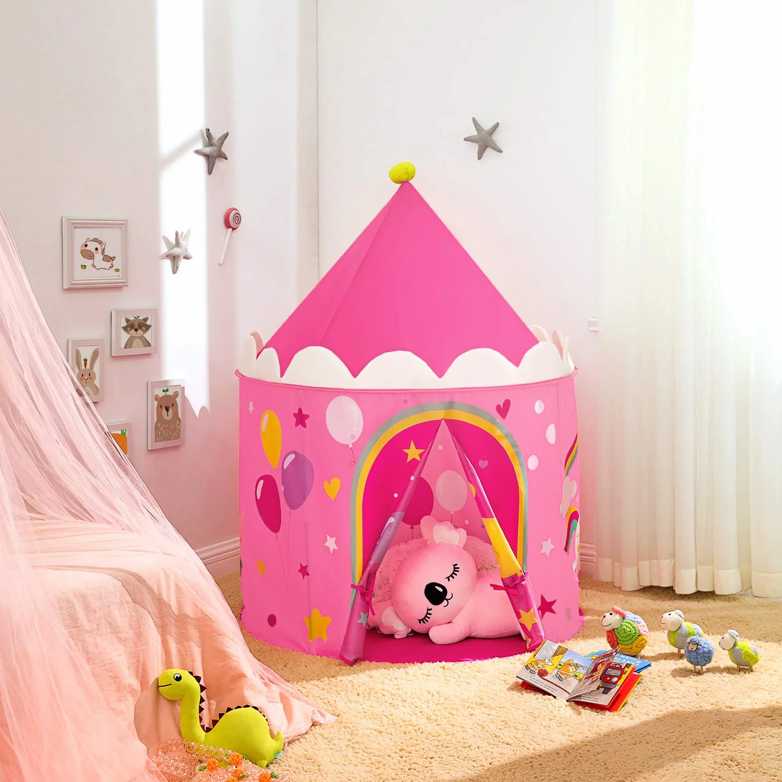 SONGMICS Tienda para Niños, Carpa Infantil, Castillo de la Princesa, Pop Up, Regalo para Niños, para Interior y Exterior, Bolsa de Transporte, Rosa y Amarillo LPT04PY