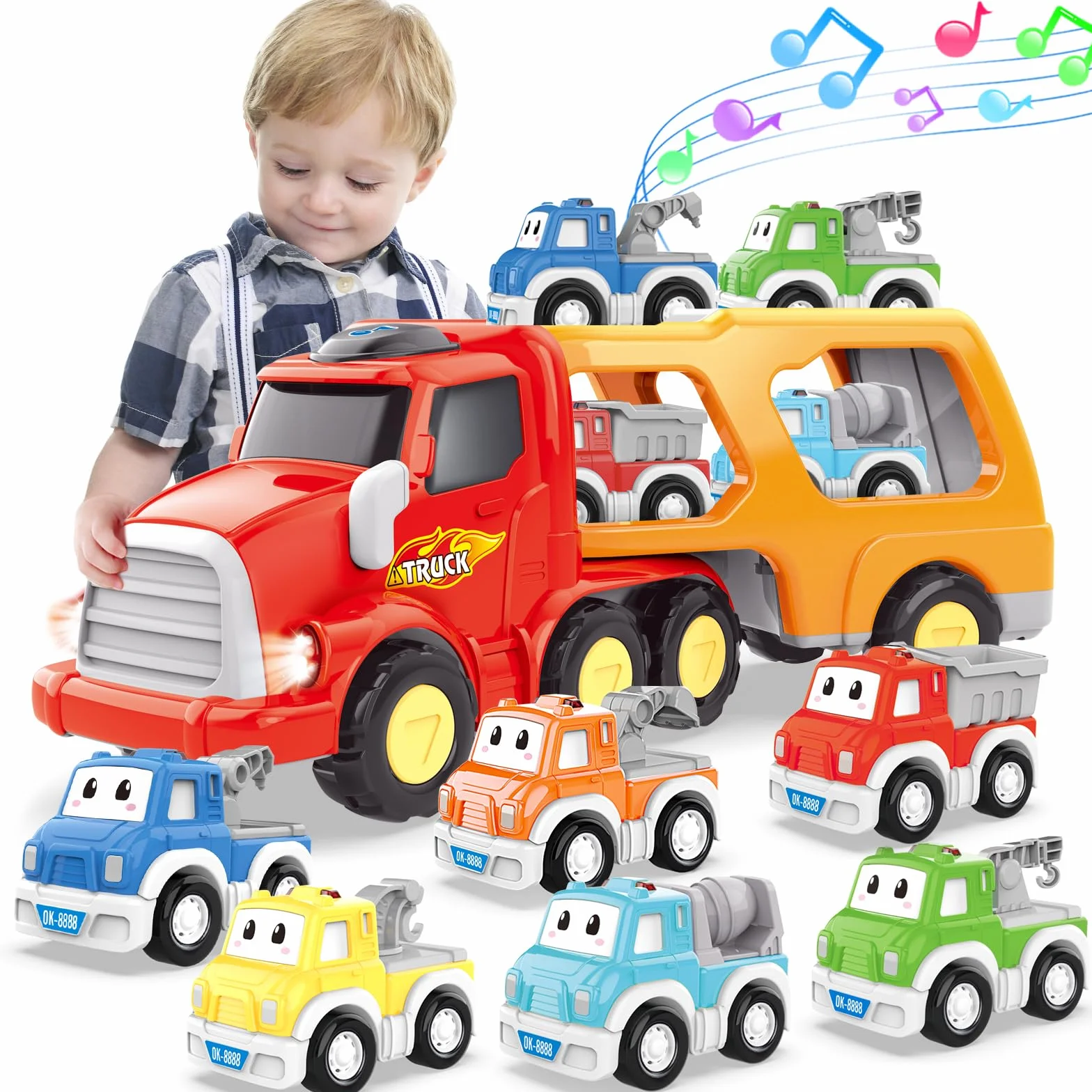 Camión de Juguetes - 7 en 1 Transportador Coches con Luces y Sonidos - Regalo para Niños 1-4 Años