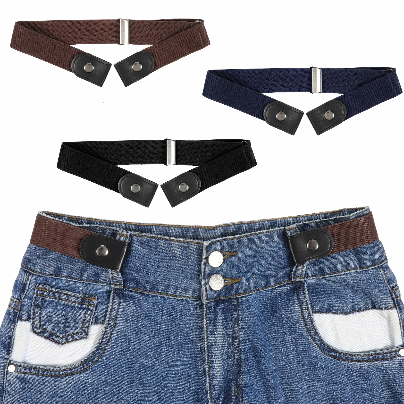 Cinturones sin hebilla para niños, elástico invisible, uniforme escolar vaquero, Negro + Azul + Marrón, 40-63 cm
