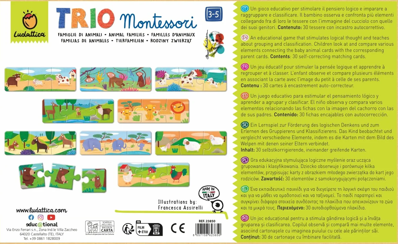 Ludattica | JUEGOS MONTESSORI | Trio Montessori: ¡Descubre las familias de animales con el método Montessori! | Juego educativo 3-5 años | Primeros rompecabezas | Made in Italy