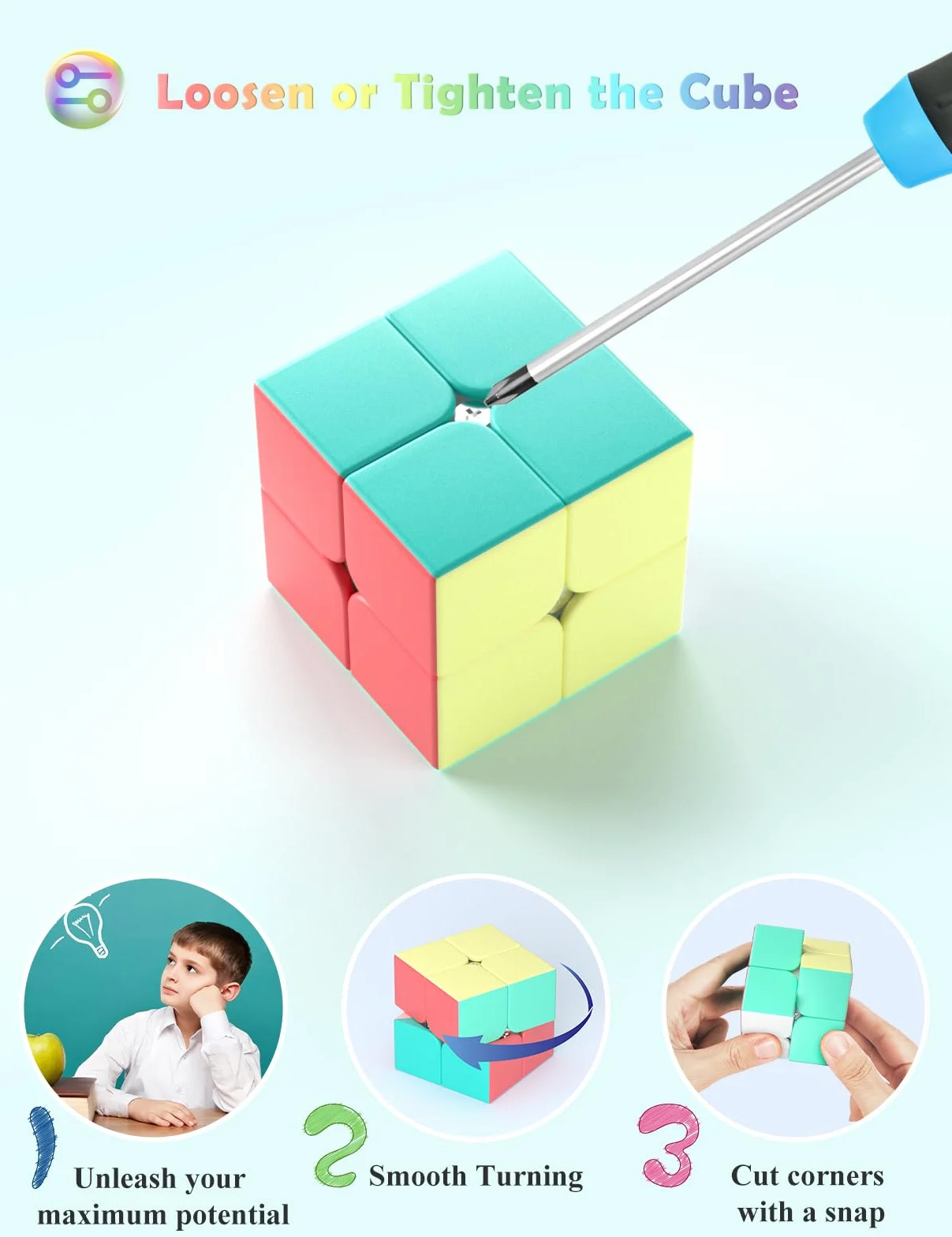 ROXENDA Cubo mágico 2x2, Juguete para Ejercicios de concentración y combinación, Speed Cube Stickerless con Macarons, Colores Vivos para niños y Adolescentes (2x2x2)